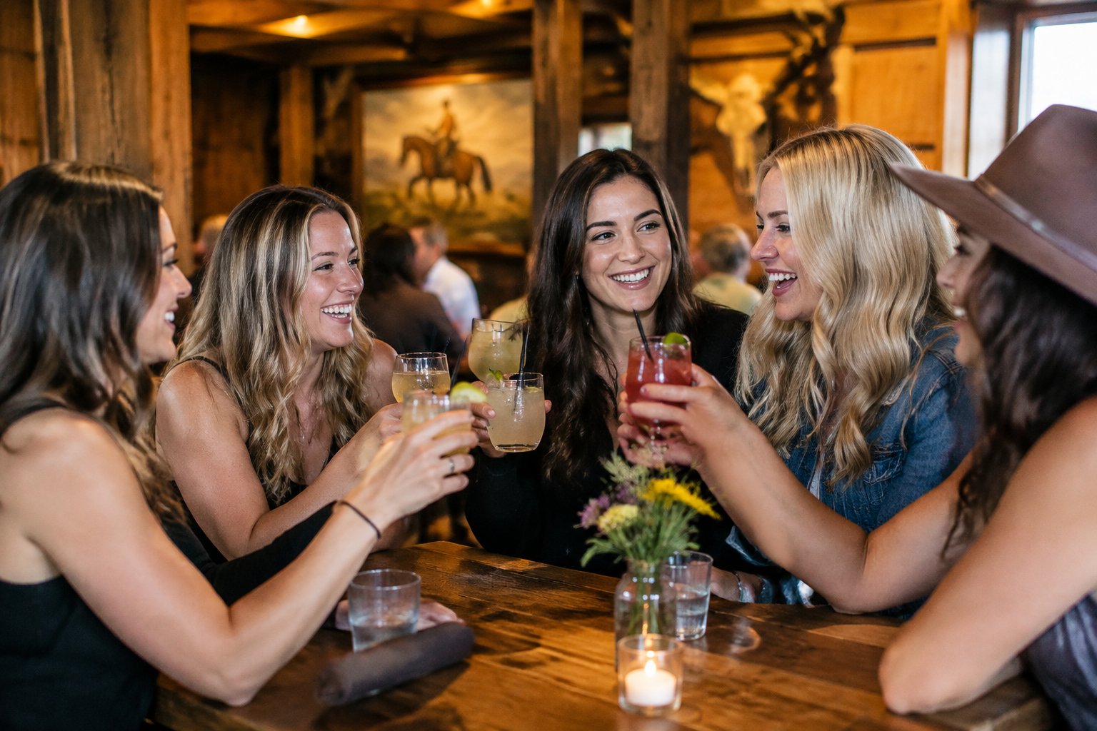 A group of women friends enjoying drinks and conversation at a restaurant.