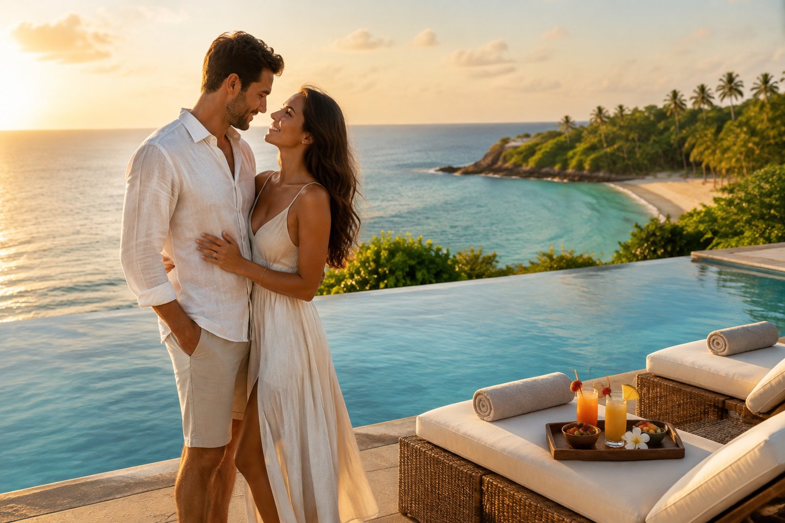A couple shares a quiet moment beside a tropical resort pool overlooking the sea.