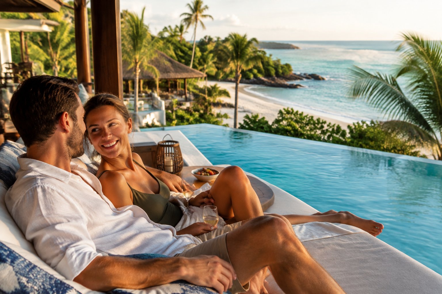 A couple relaxes beside an infinity pool overlooking a tropical beach.