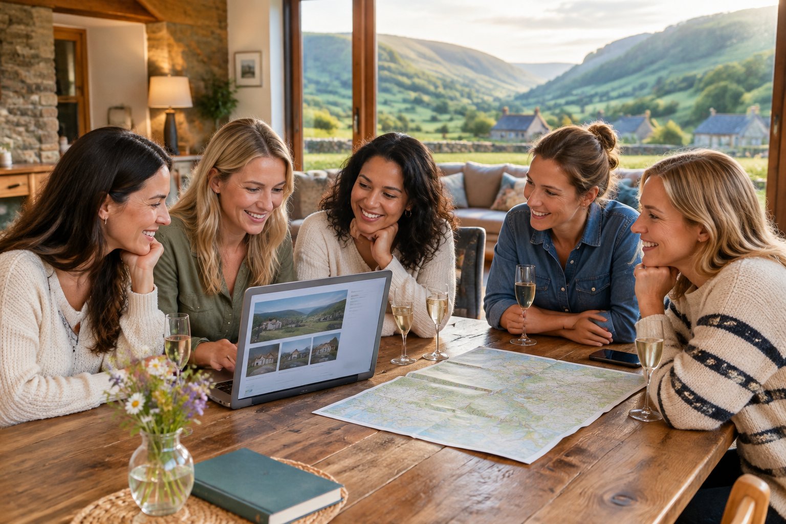 Friends discuss accommodation plans at a table in a lodge overlooking a green valley.