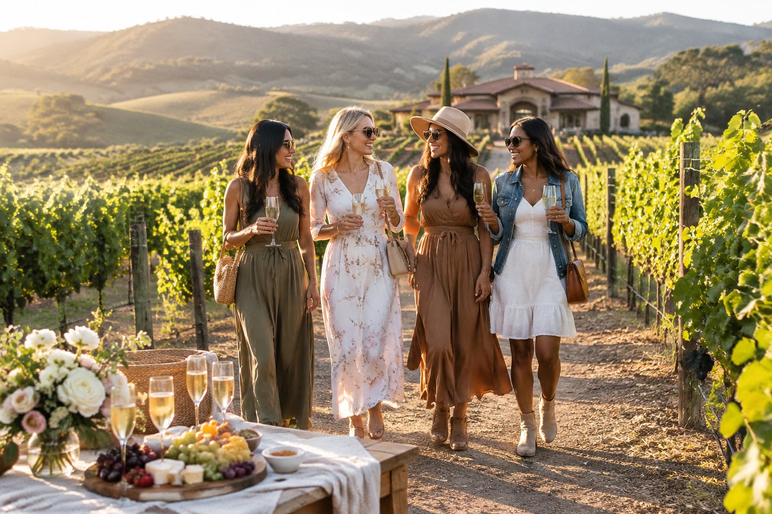 A group of friends celebrates with a picnic beside a Napa Valley vineyard.