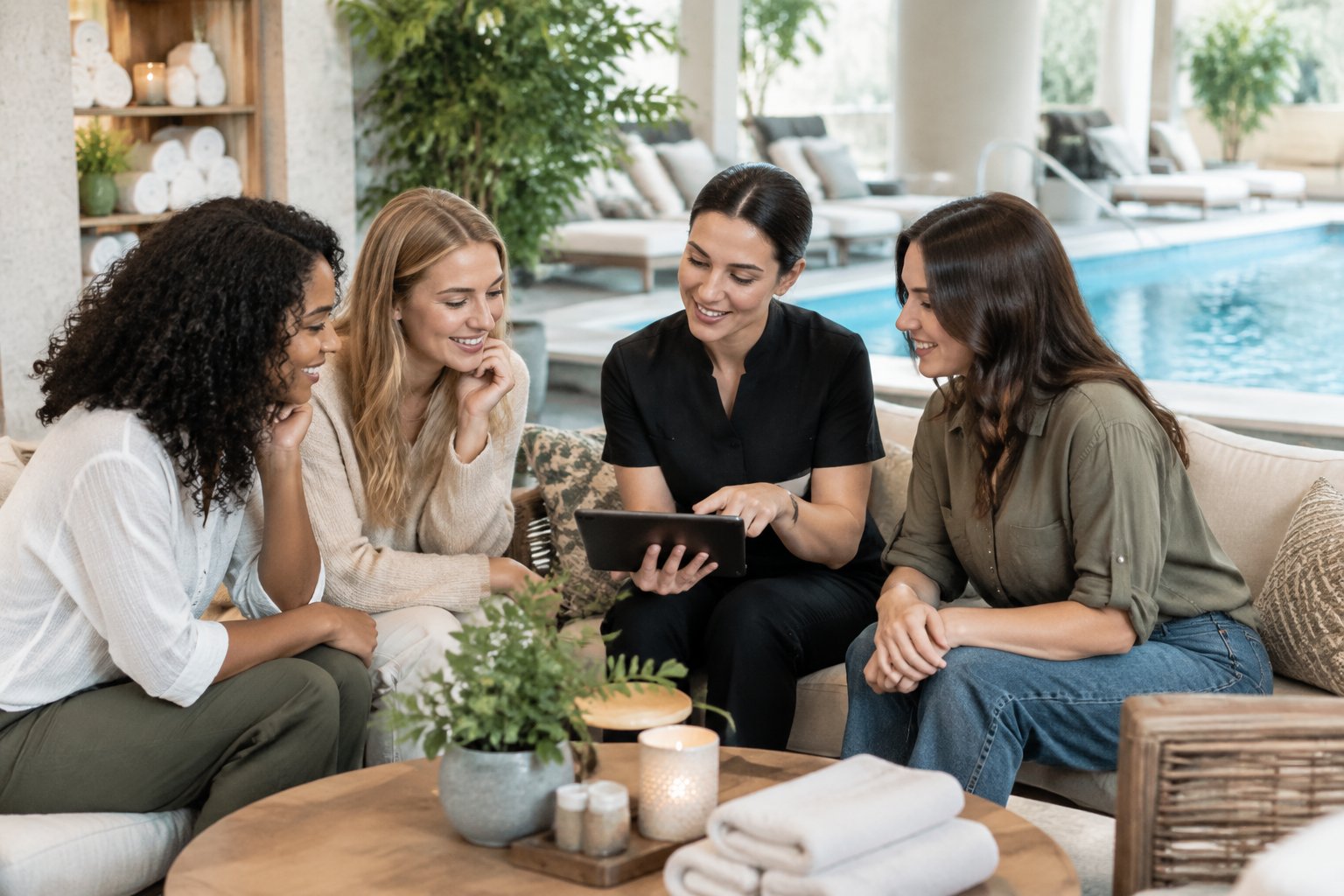 Friends discuss spa options with a host in a relaxing lounge.