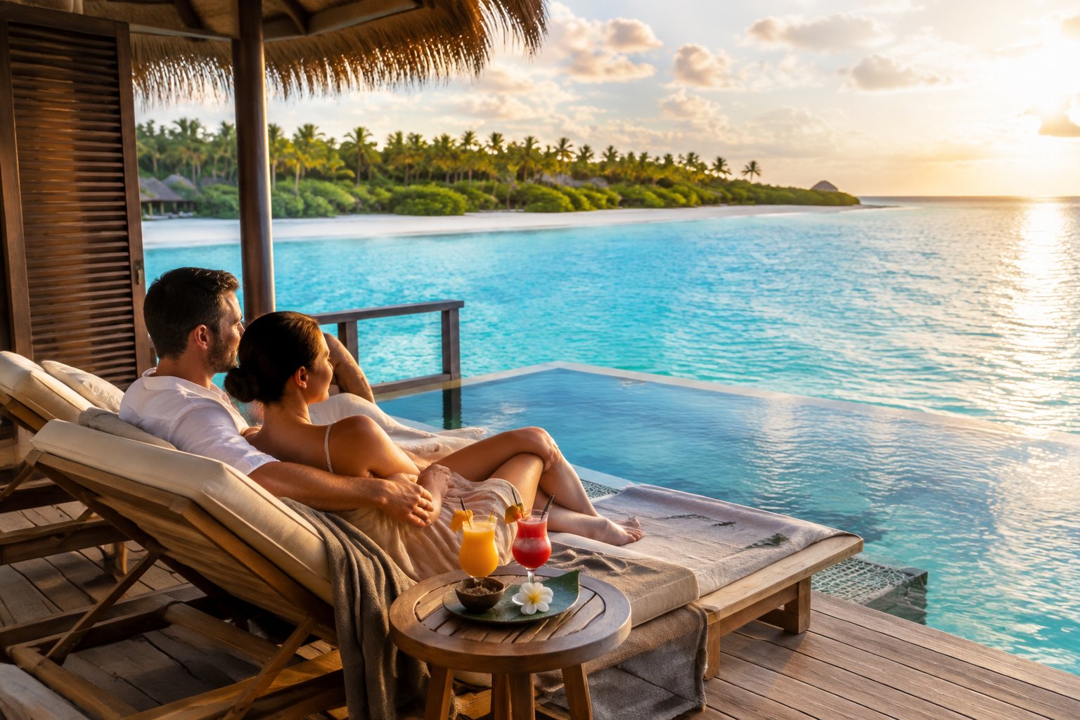 A newlywed couple relaxes on a bungalow deck overlooking a tropical lagoon.