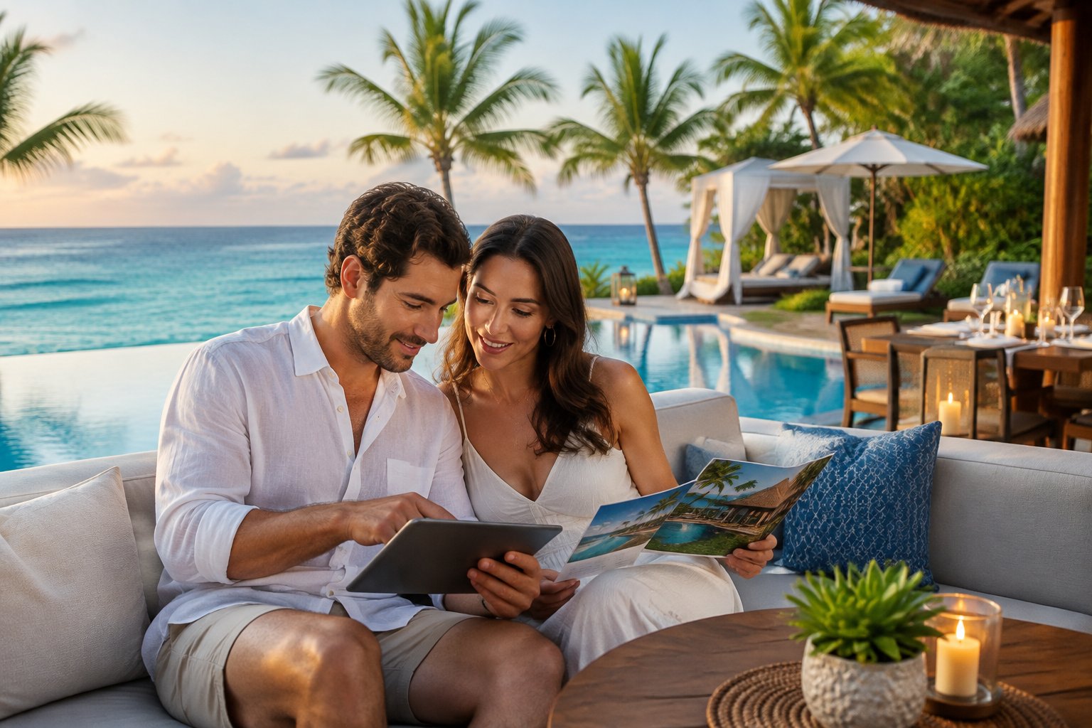 A couple compares resort options while seated beside a tropical ocean.