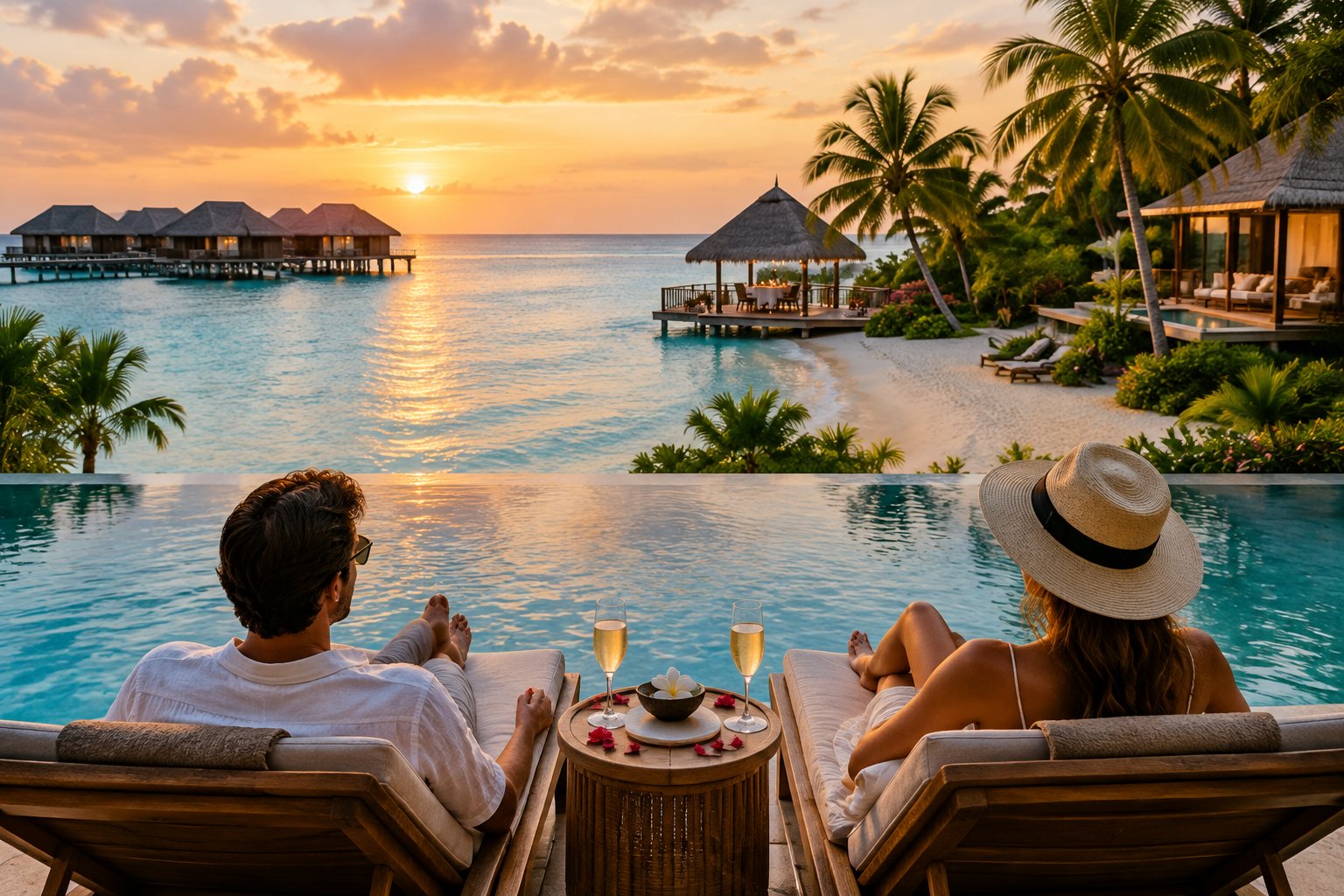 A couple relaxes beside an infinity pool overlooking a tropical beach and resort villas.