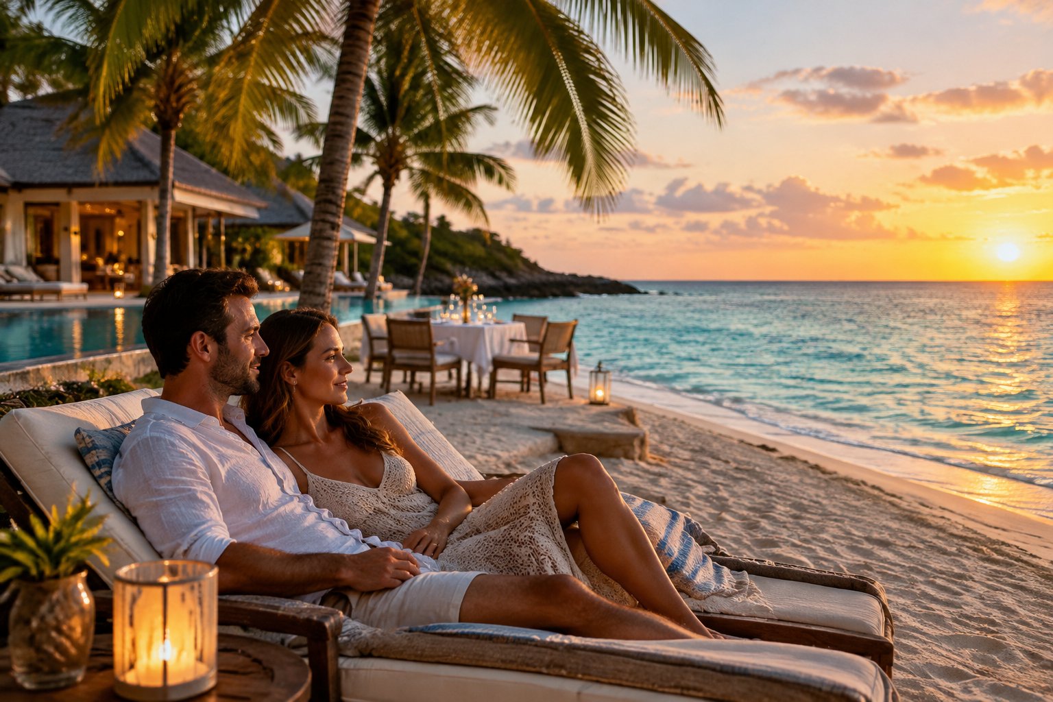 A newlywed couple relaxes together on a tropical beach beside a luxury resort.