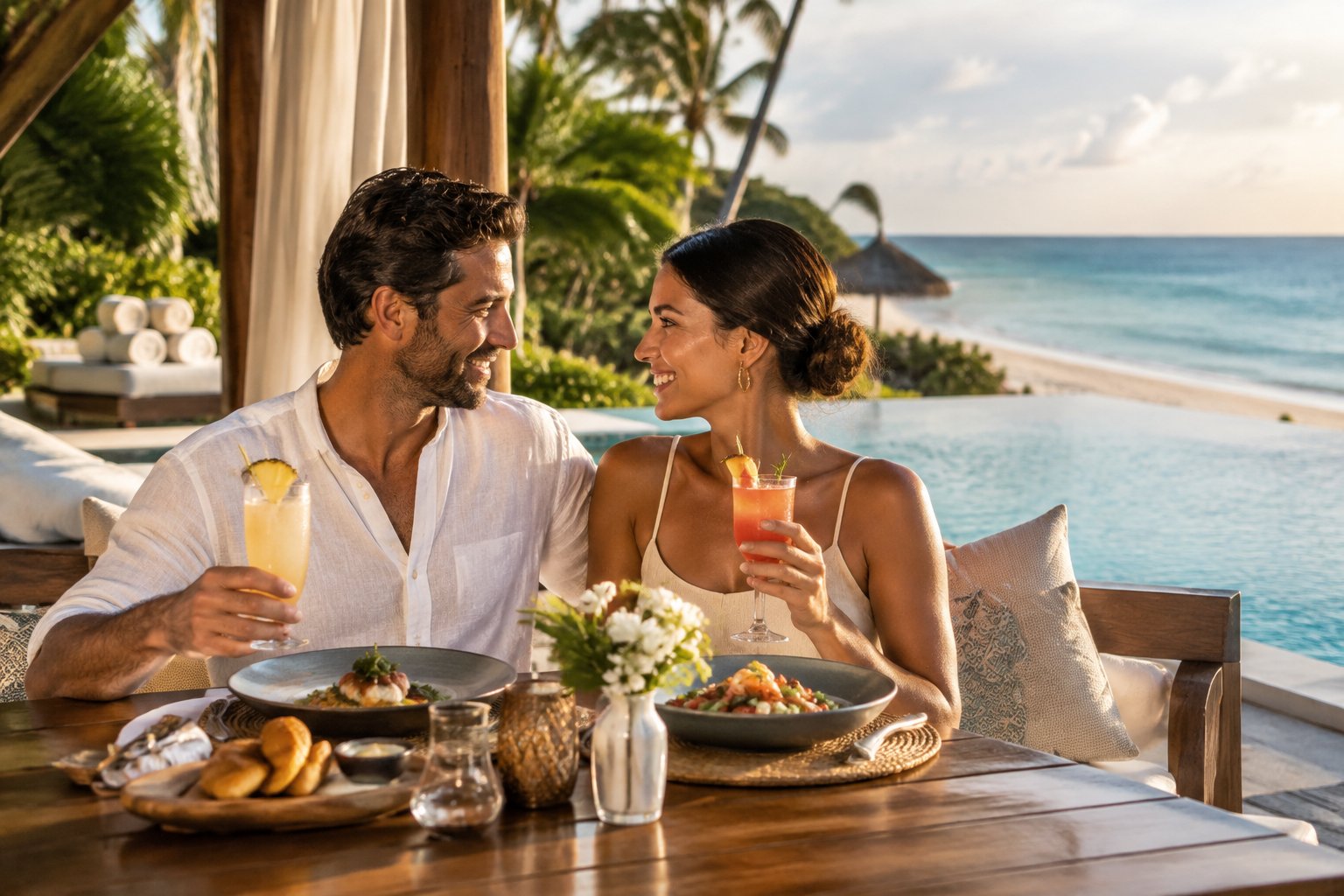 A newlywed couple shares a meal at a tropical resort overlooking the ocean.