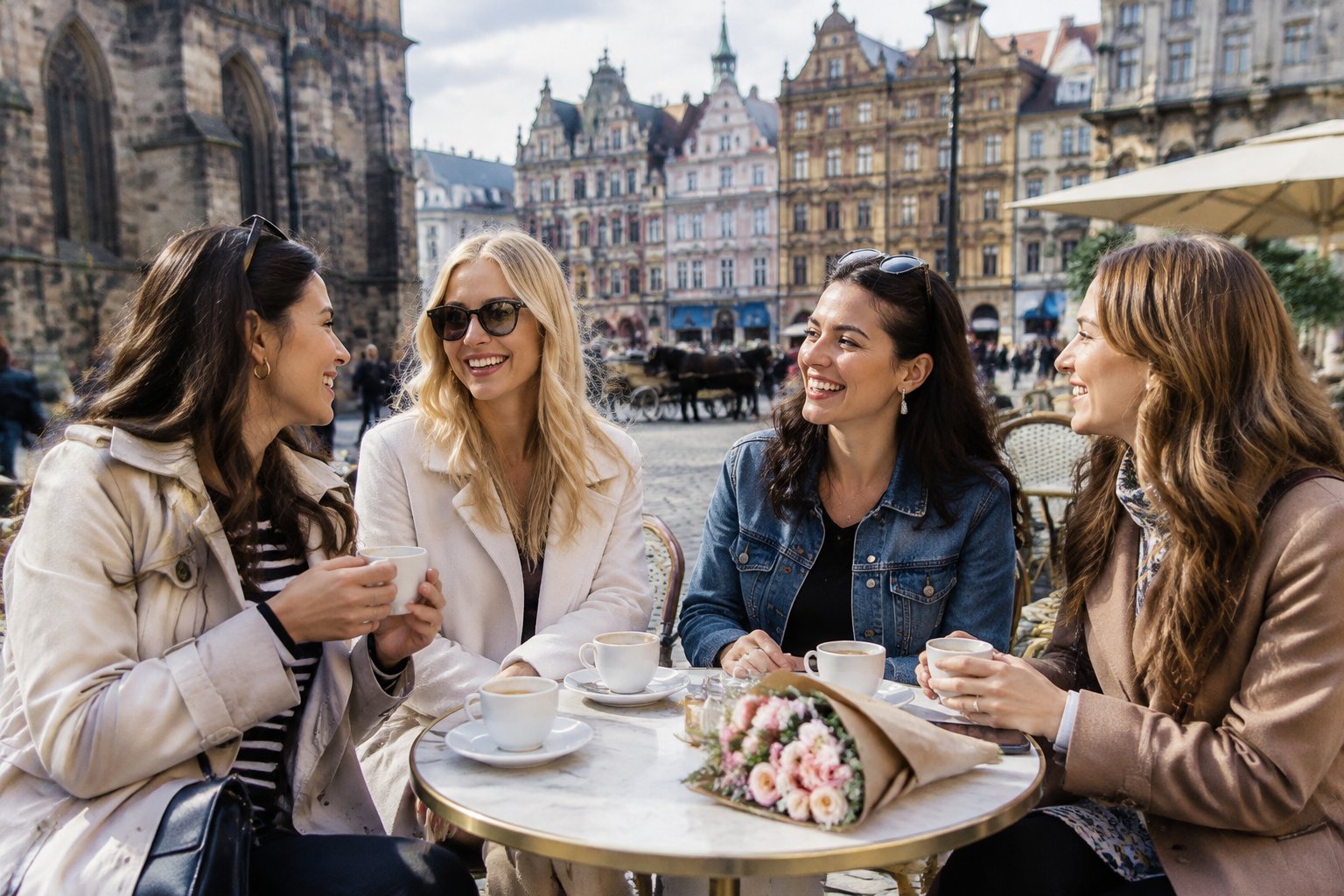 A group of women friends laughing together at an outdoor café in a European city.
