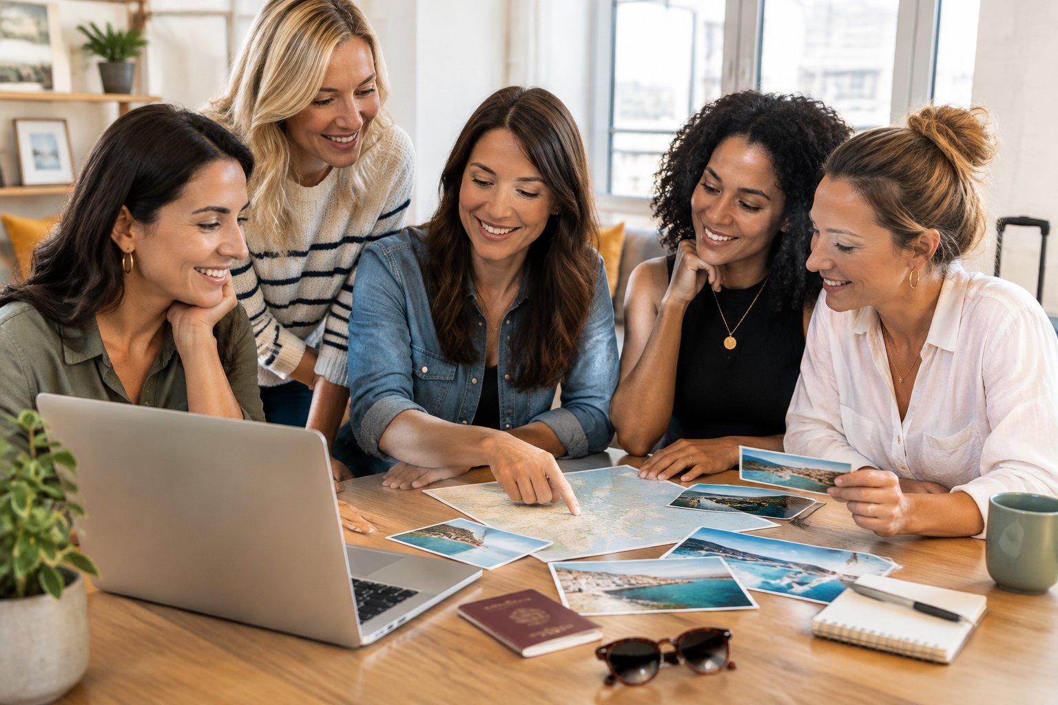 A group of friends compares travel ideas around a table while planning a getaway.