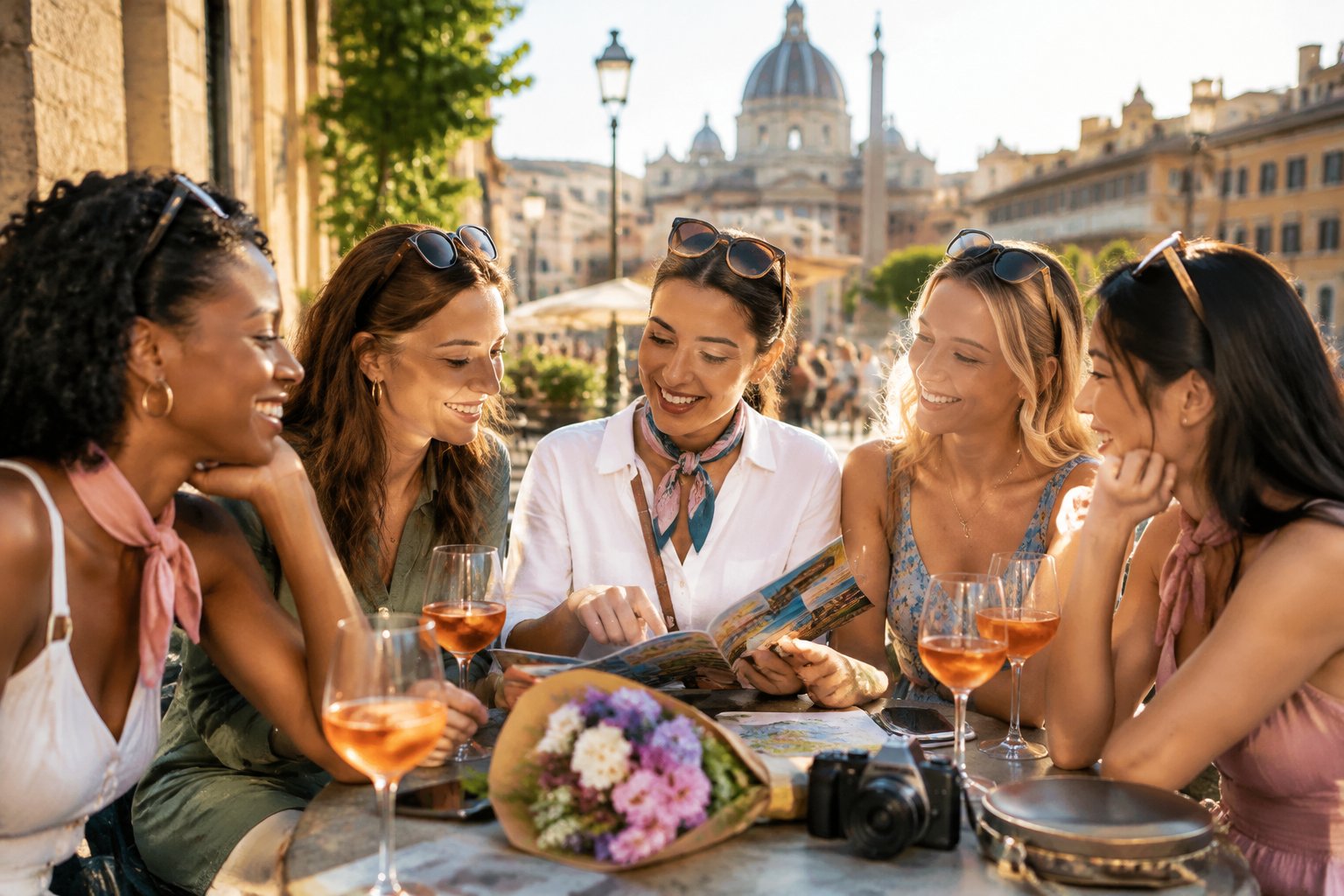 A group of friends discusses a map at a sunny café terrace.