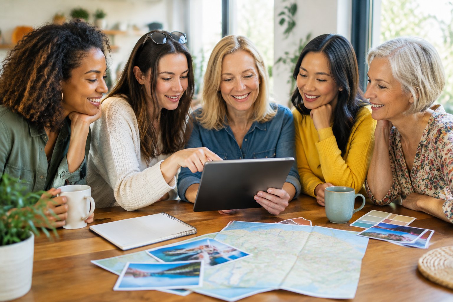 A group of friends gathers around a tablet to discuss travel ideas.