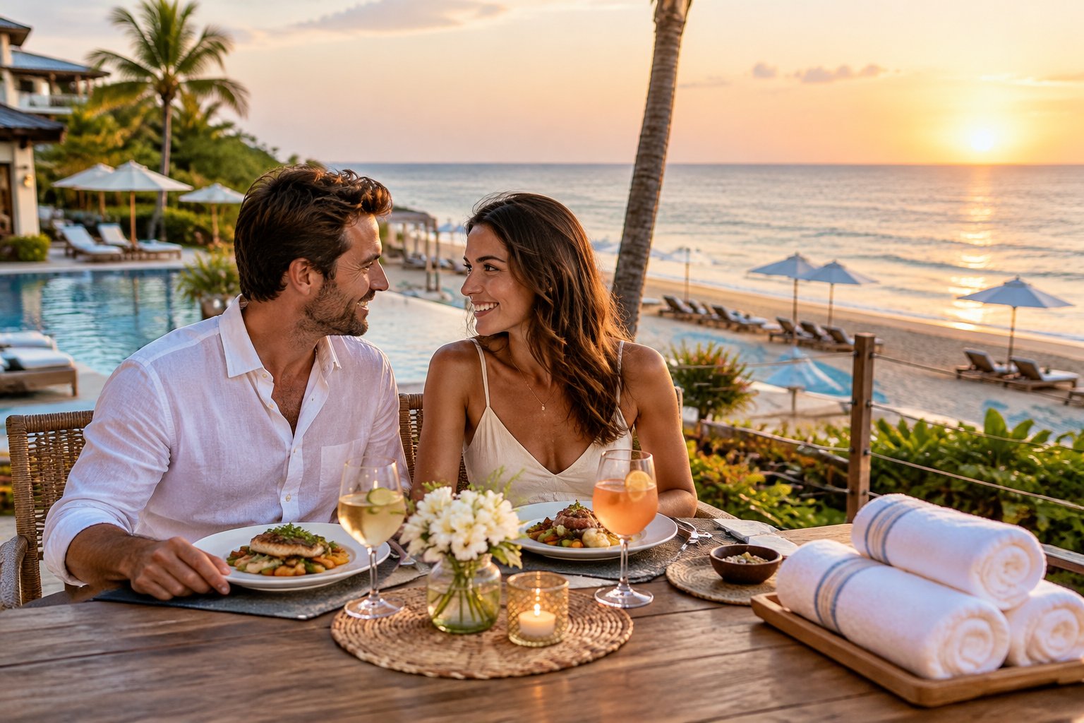 A newlywed couple shares a meal at a coastal resort overlooking the beach.