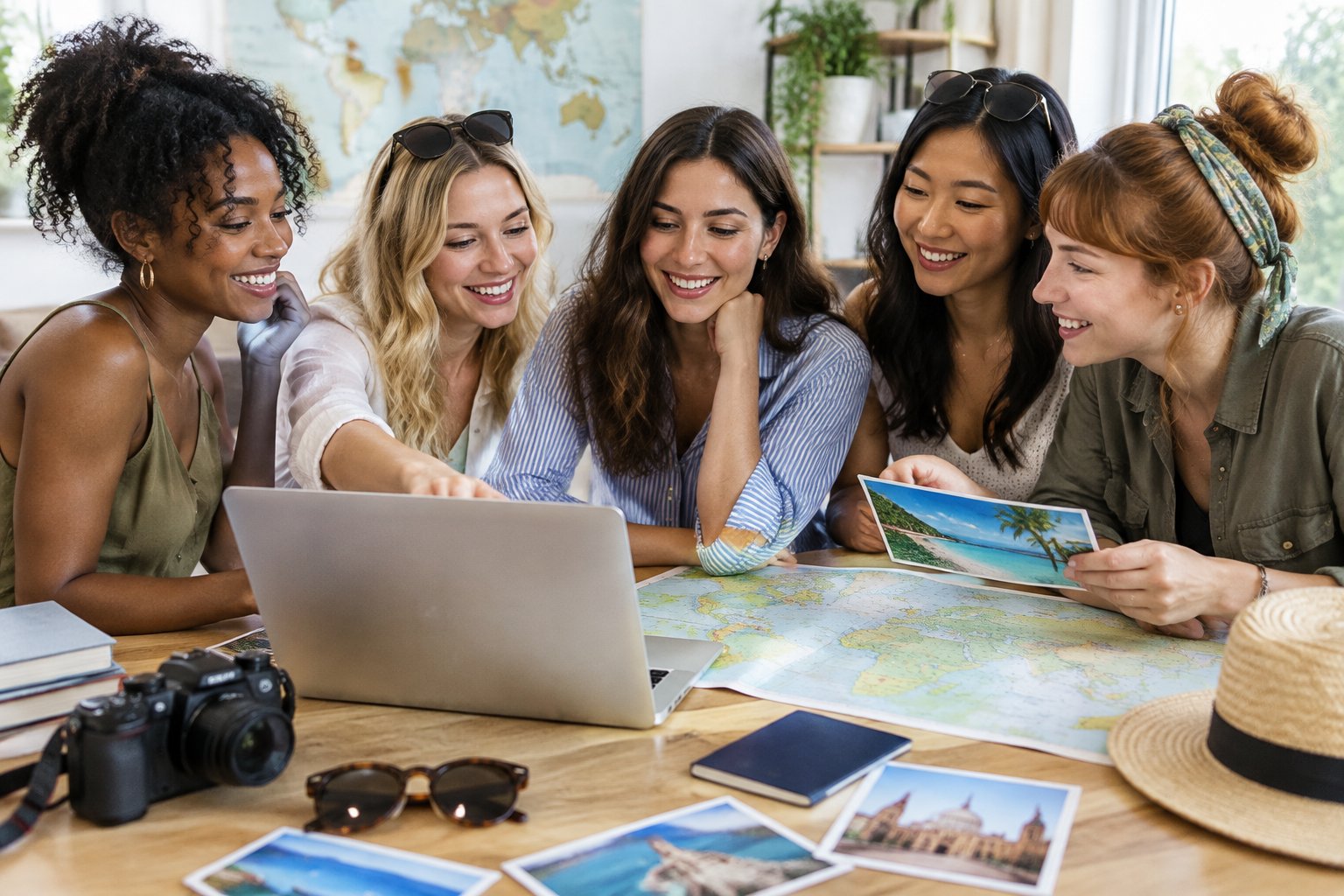 Friends gather around a table to compare travel ideas for a group getaway.