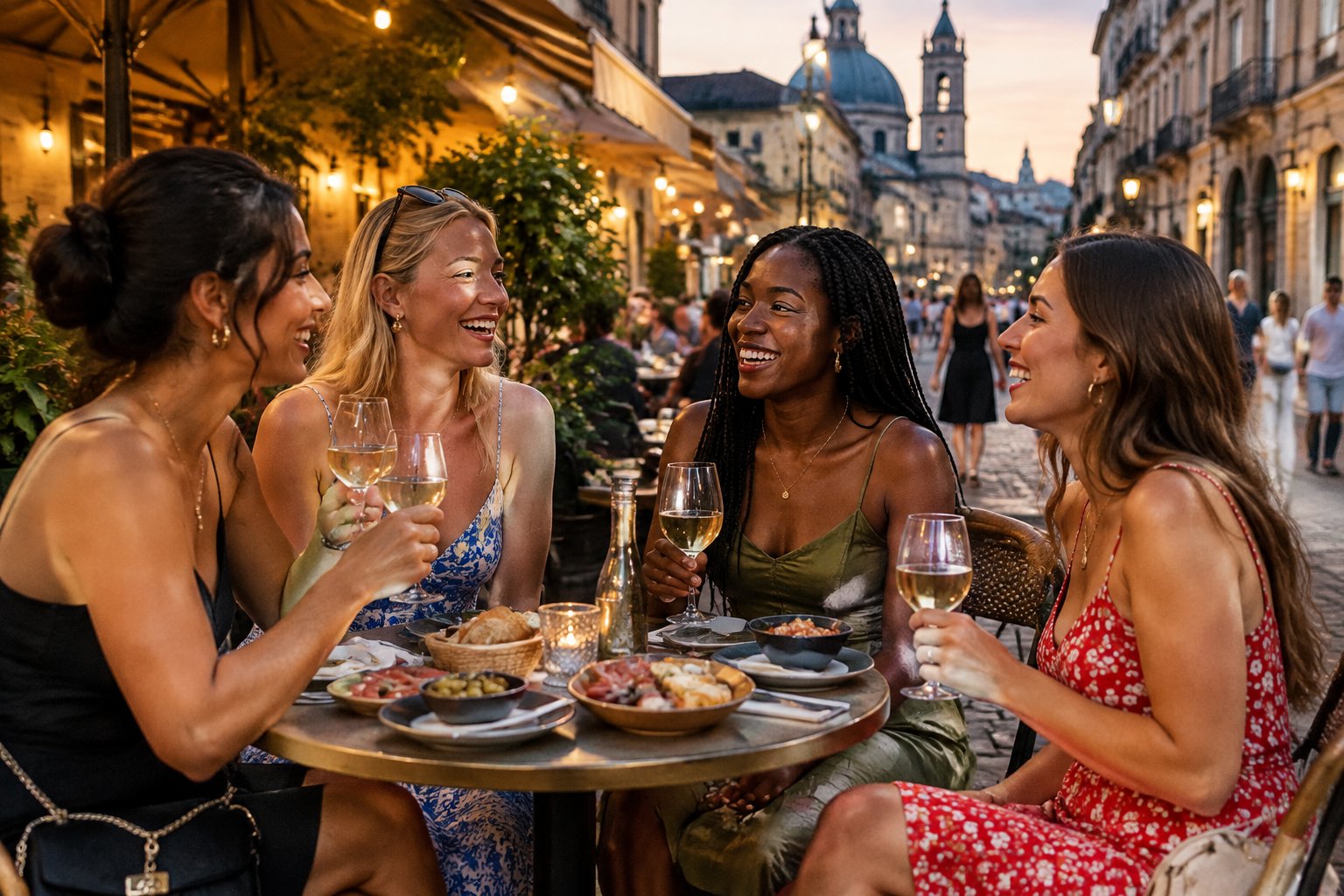 A group of women friends share food and drinks at an outdoor café on a European city street.