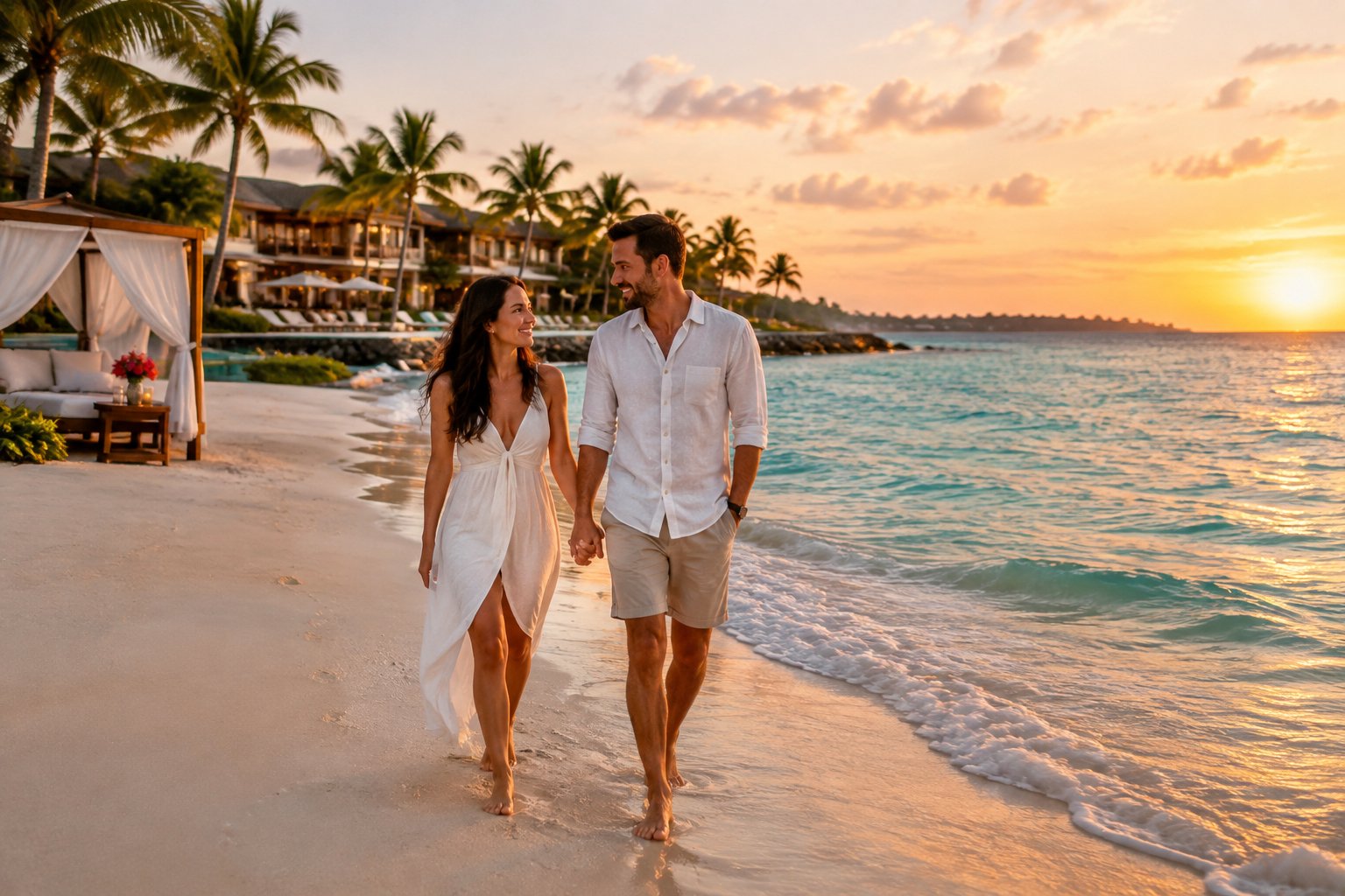 A couple walks hand in hand along a tropical beach beside a resort.