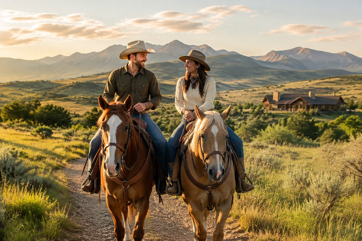A couple rides horses together along a scenic ranch trail.
