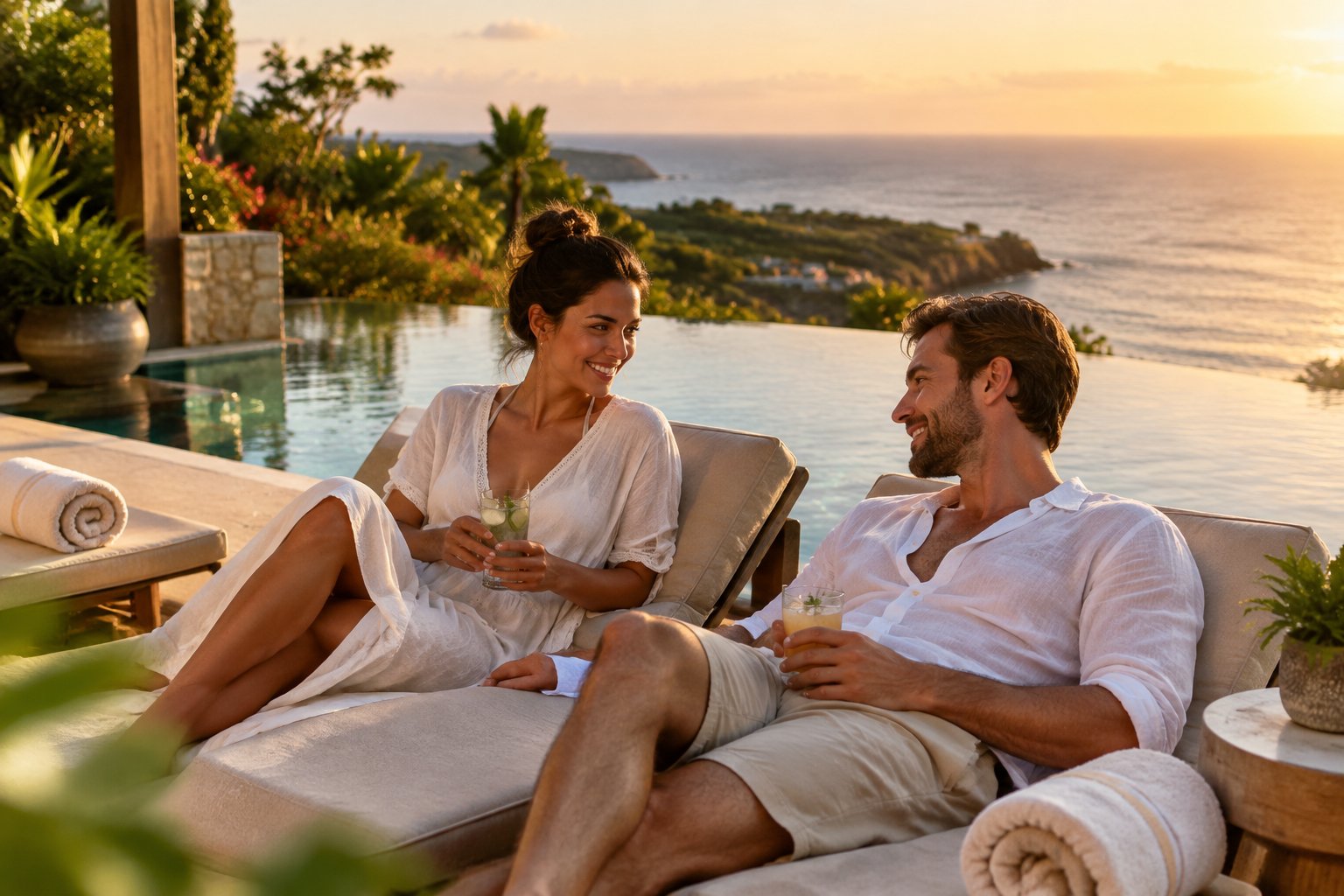 A newlywed couple relaxes beside a pool at a coastal resort.