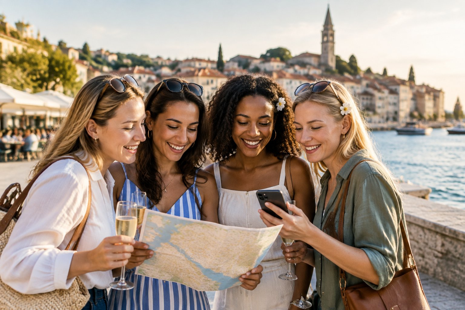 Four friends look at a map together at a sunny waterfront café.