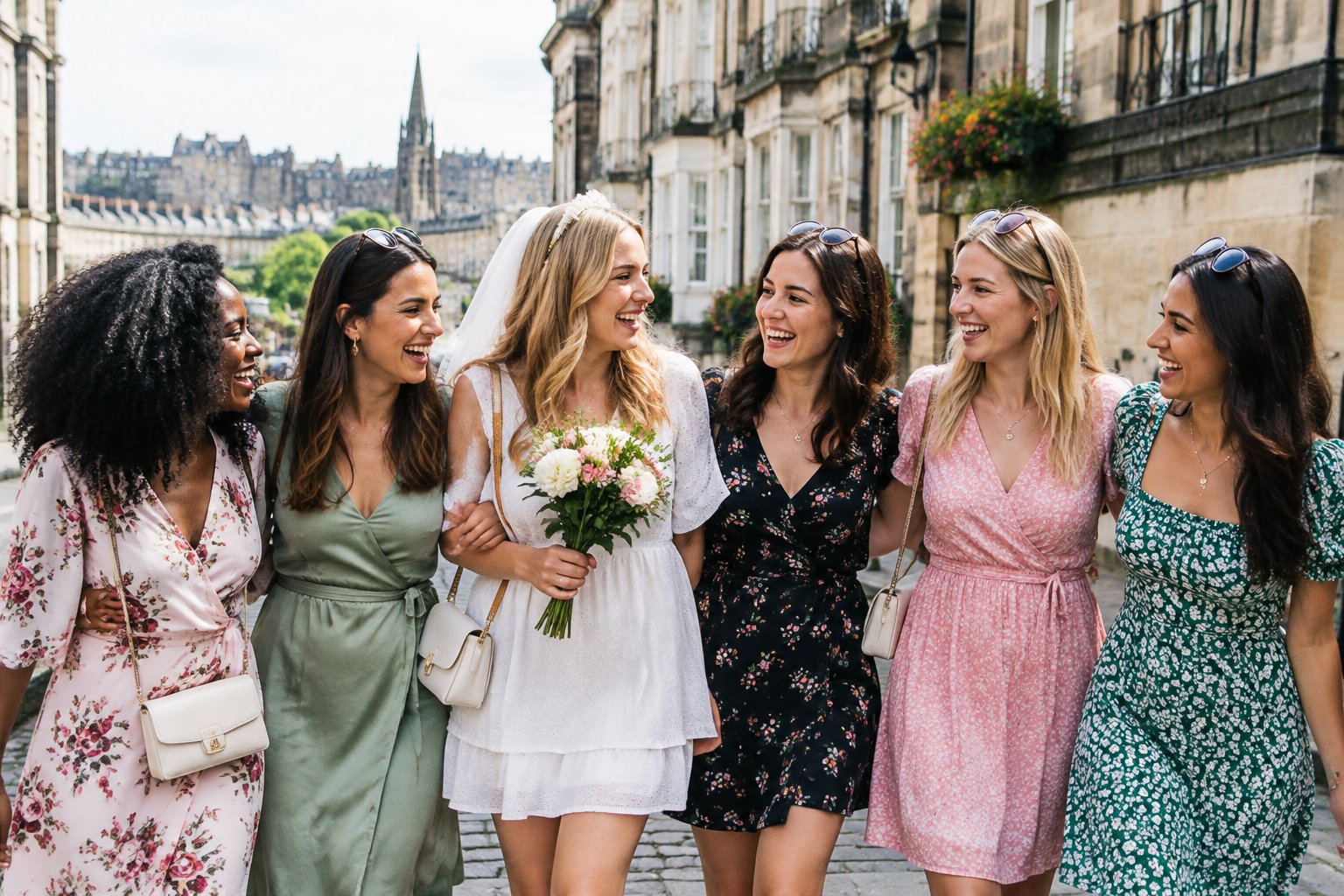 Six friends celebrate together on a charming street in a UK or Irish destination.