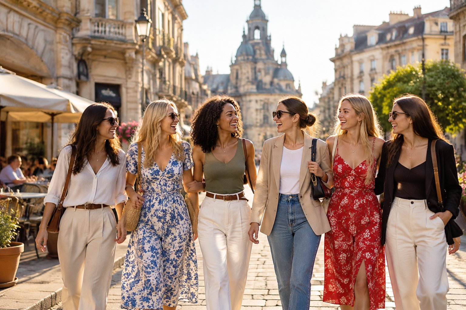 Six friends enjoy a walk together on a European city street.