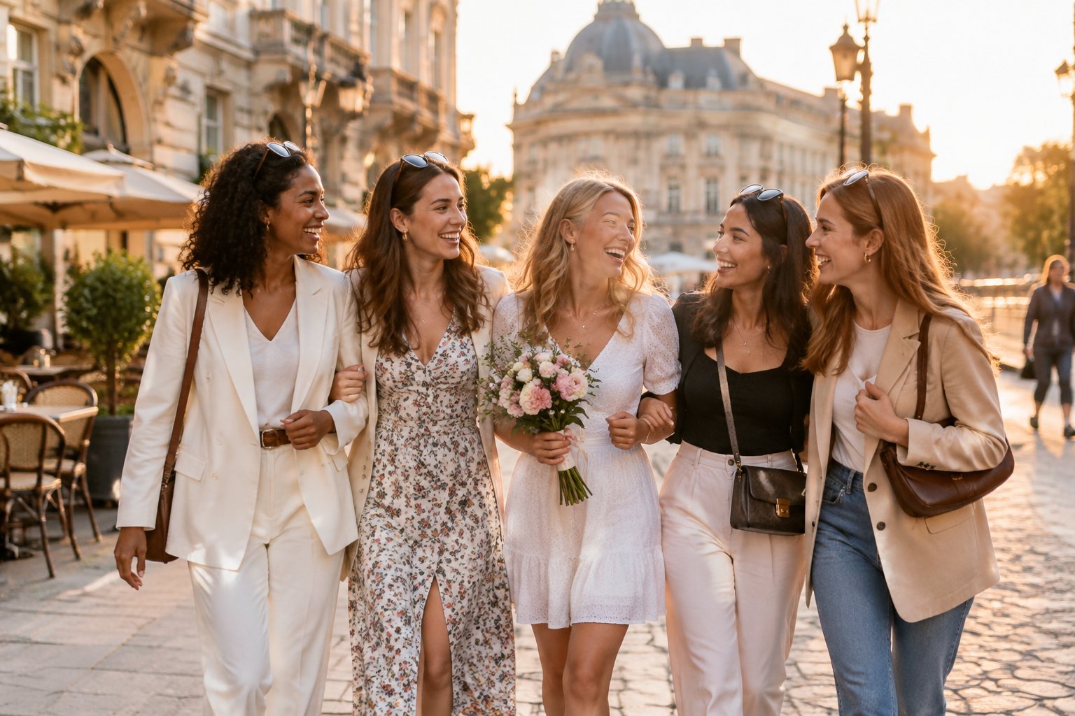 A group of friends laughing together on a historic European city street.