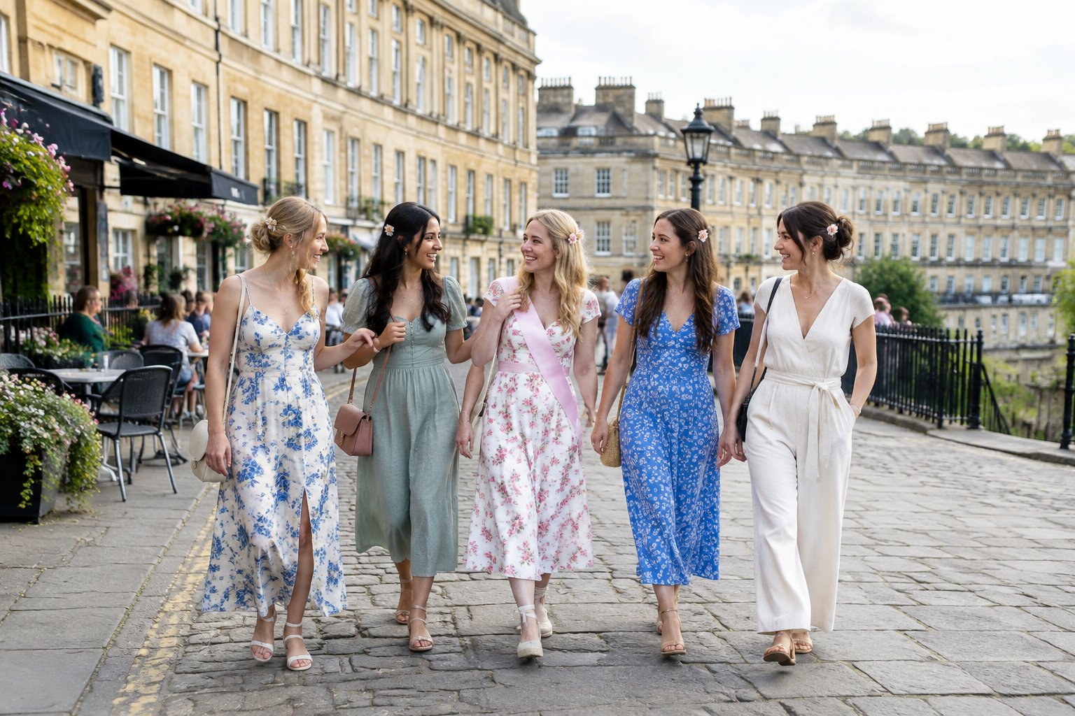 A group of friends strolls together along a historic street in Bath.