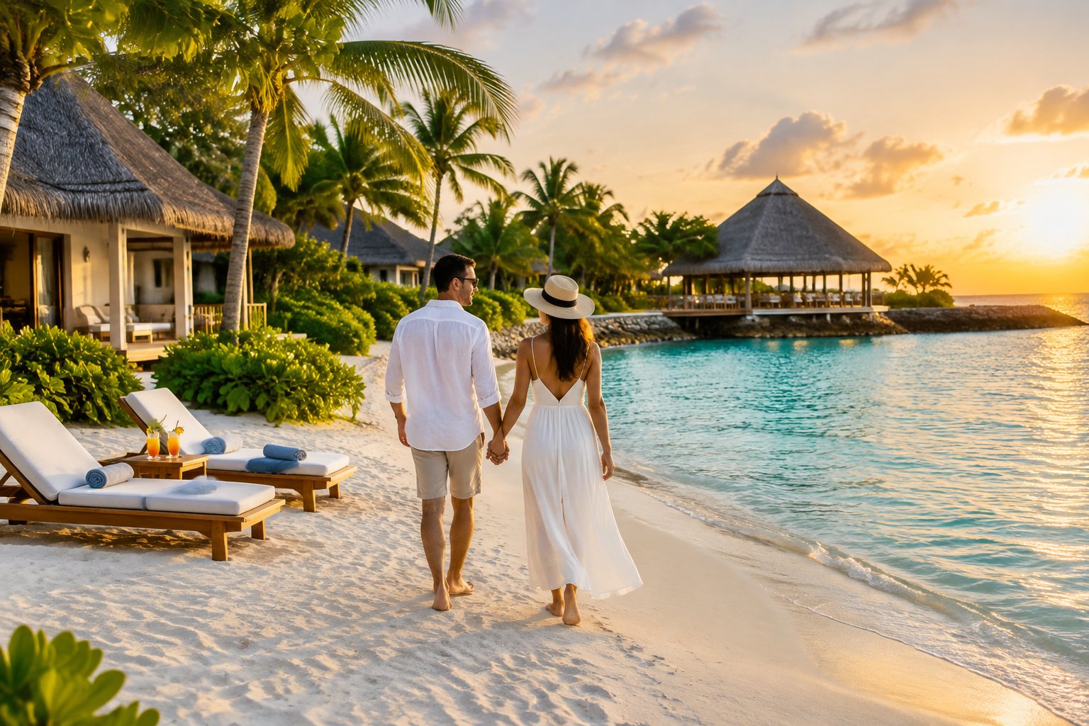 A couple walks hand in hand along a tropical resort beach.