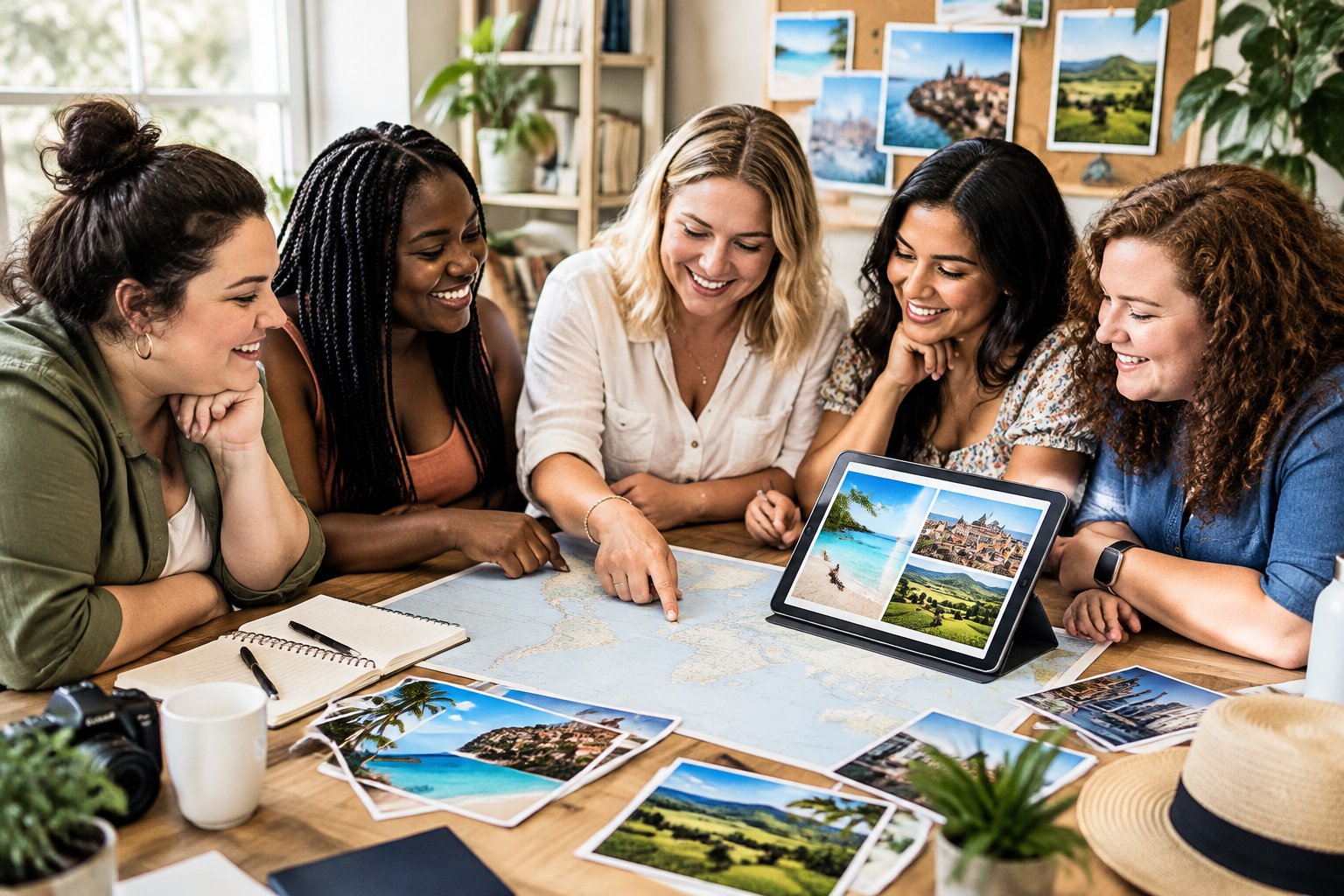 A group of friends looks at a map and travel ideas while planning a hen party.