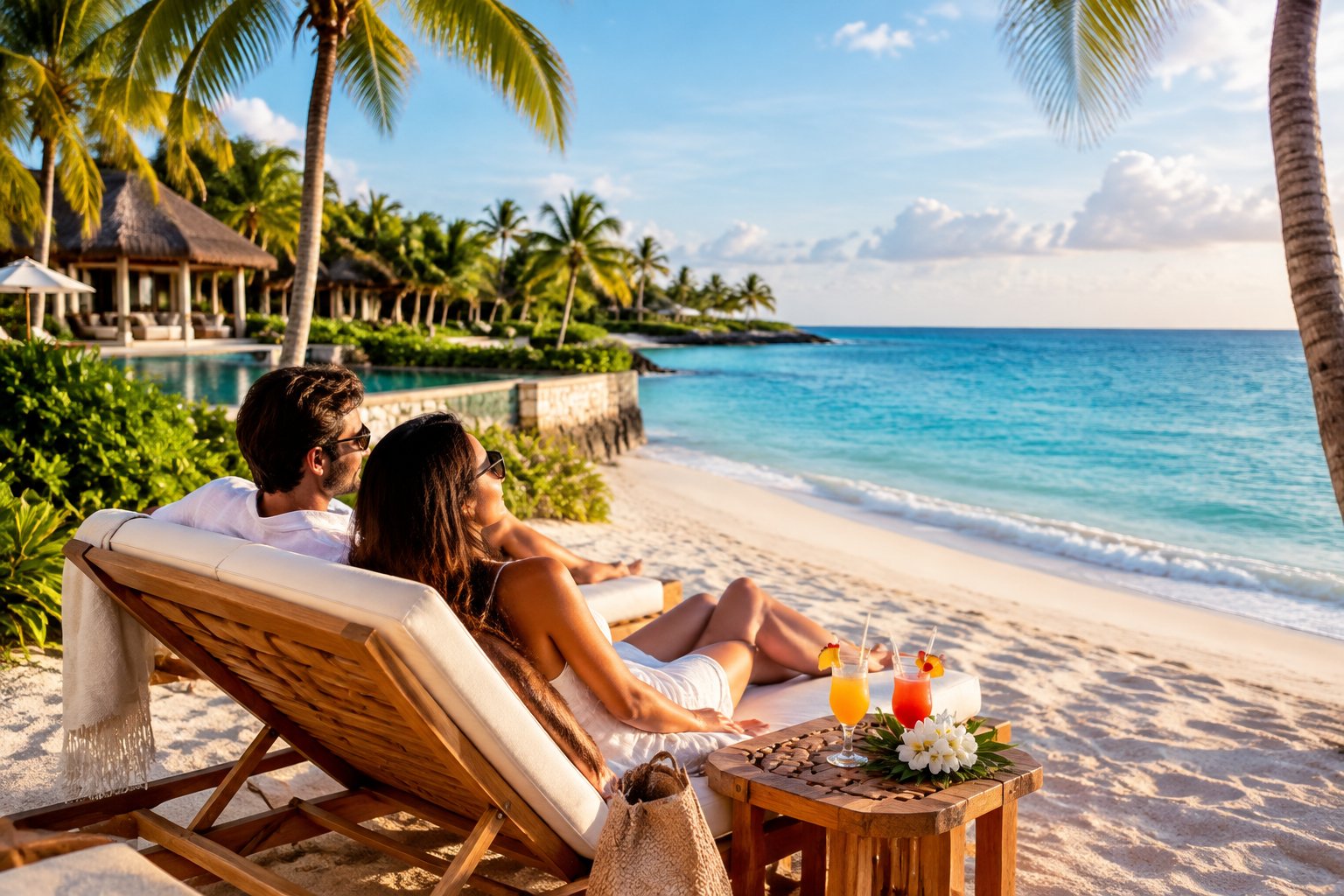 A couple relaxes together on a tropical beach at a beachfront resort.