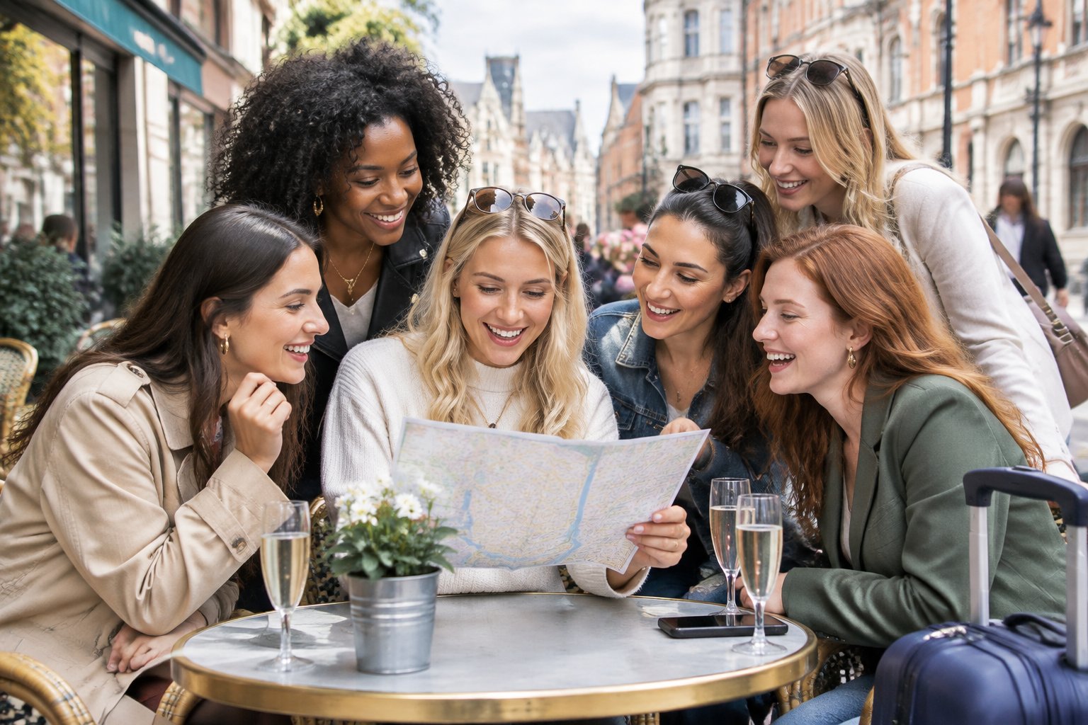 A group of friends gathers around a city map at an outdoor café.