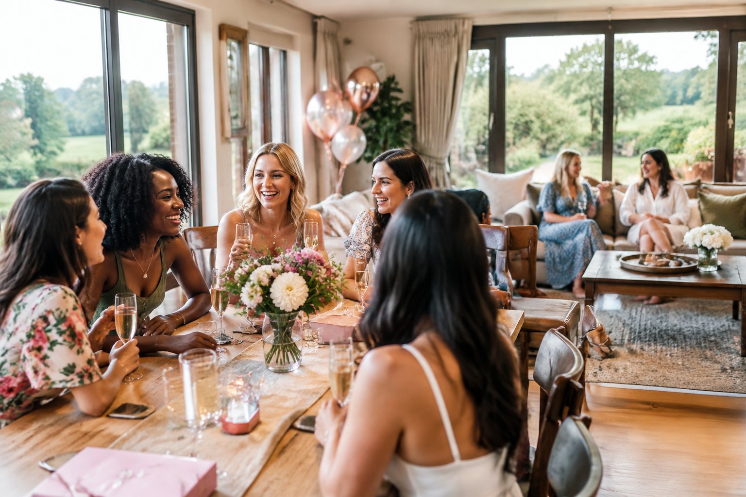 A group of friends celebrating together in a spacious countryside house.