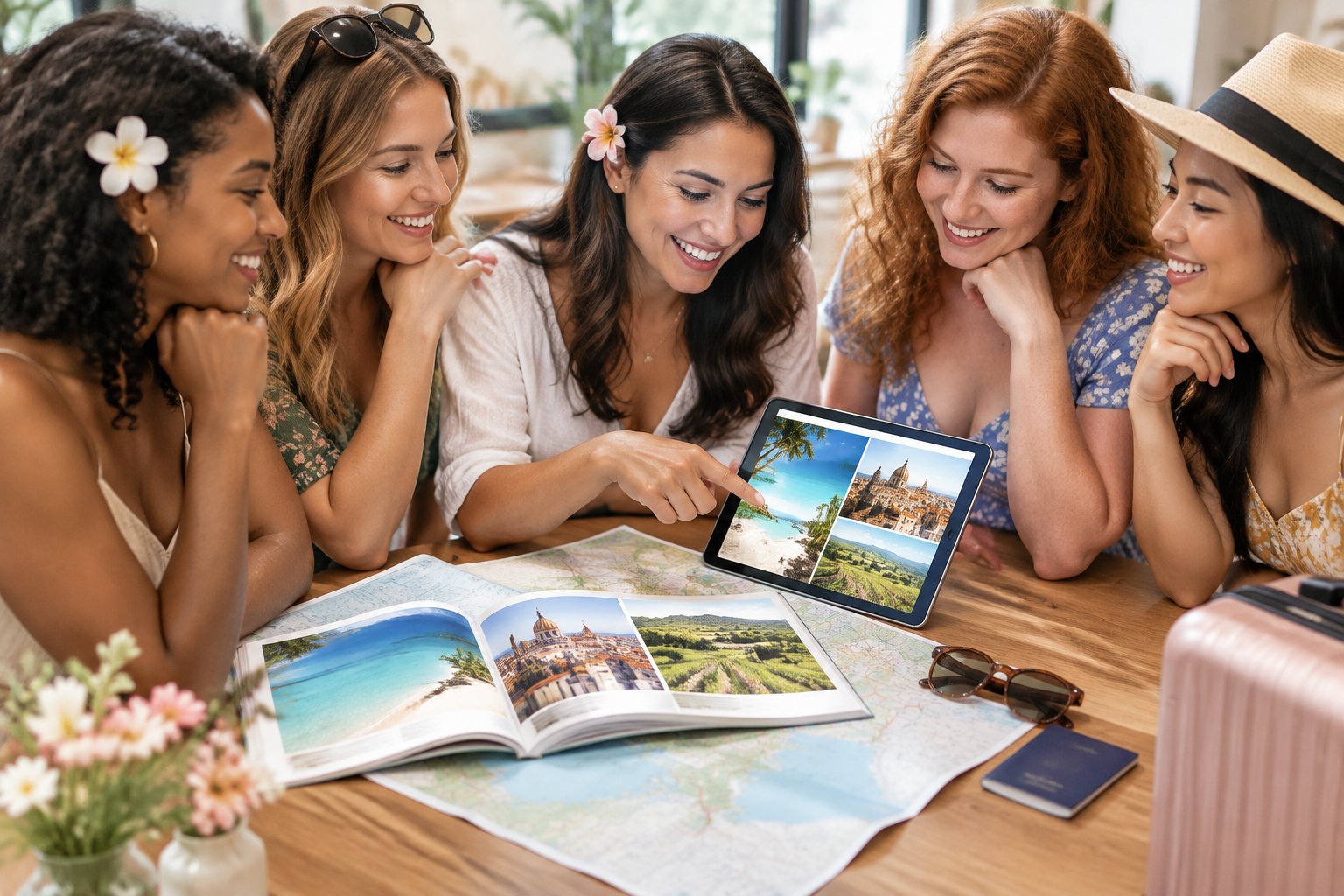 Friends gather around a table to plan a hen party getaway.