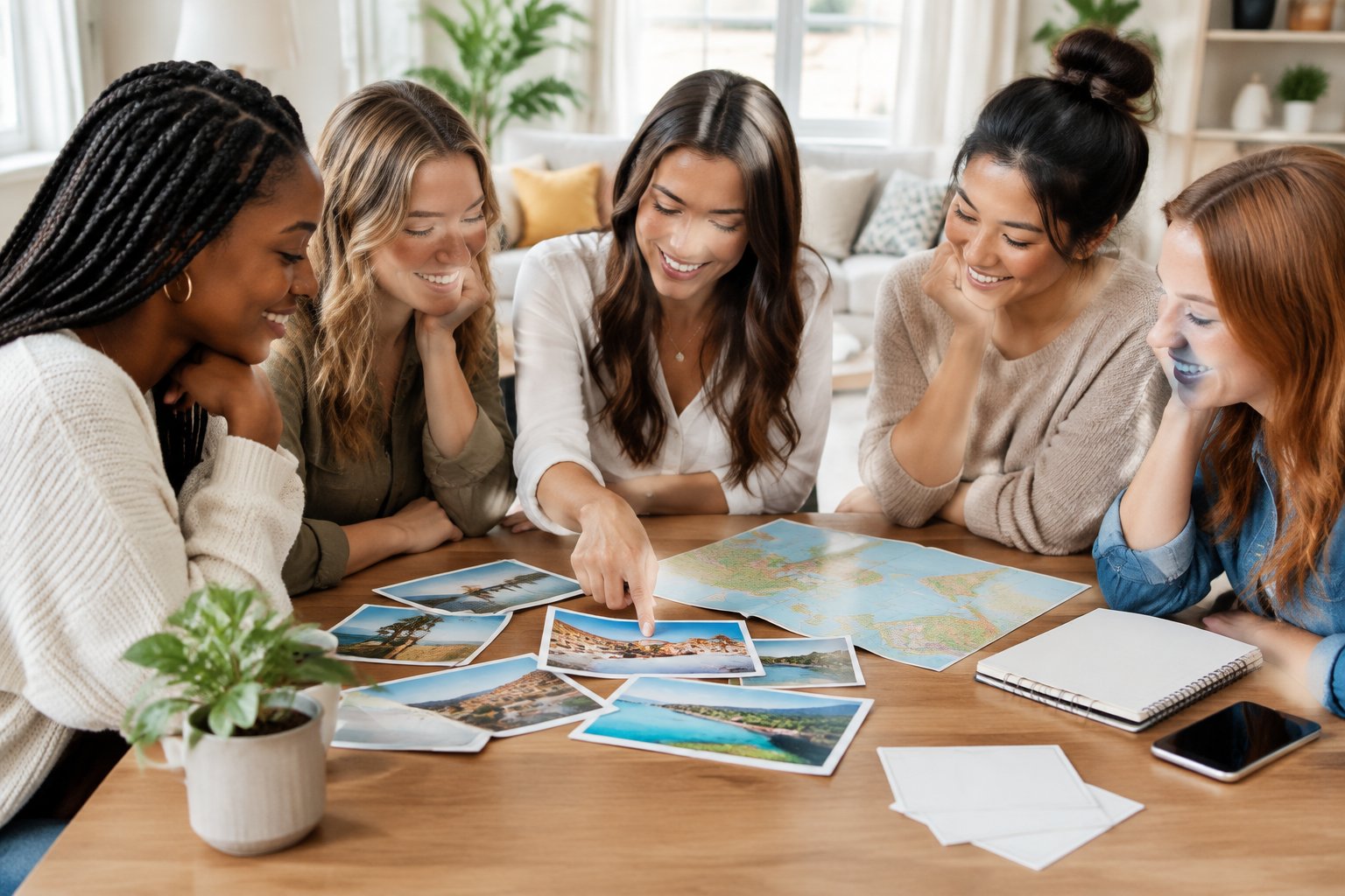 A group of friends gathers around a table to discuss and choose a travel destination.