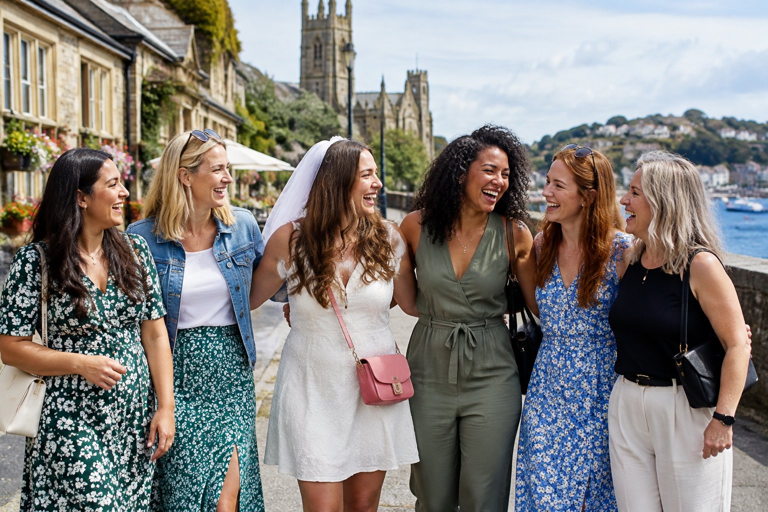 A group of friends celebrating together on a charming British street.