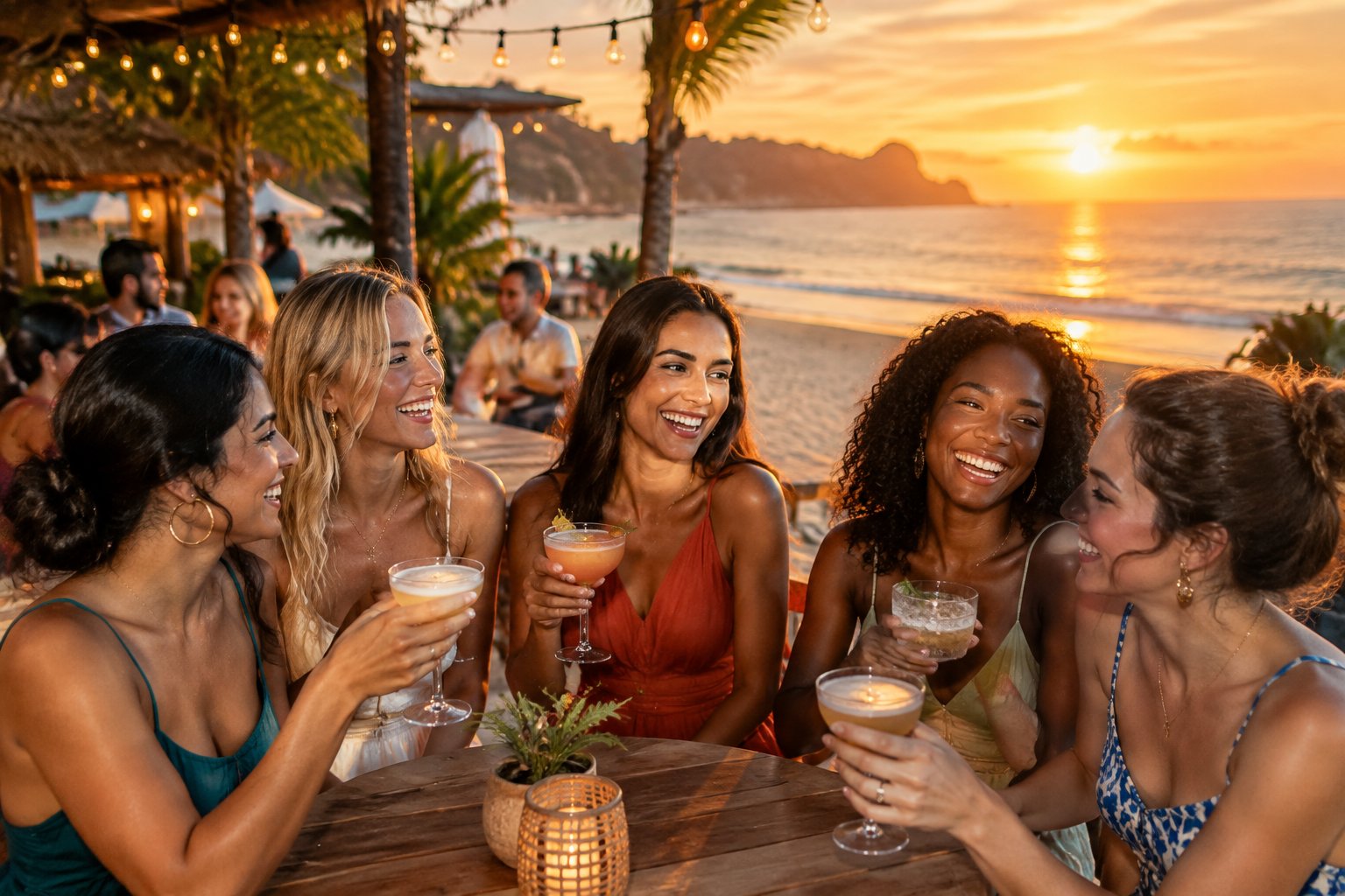 A group of friends celebrates at a beachfront bar beside the ocean at sunset.