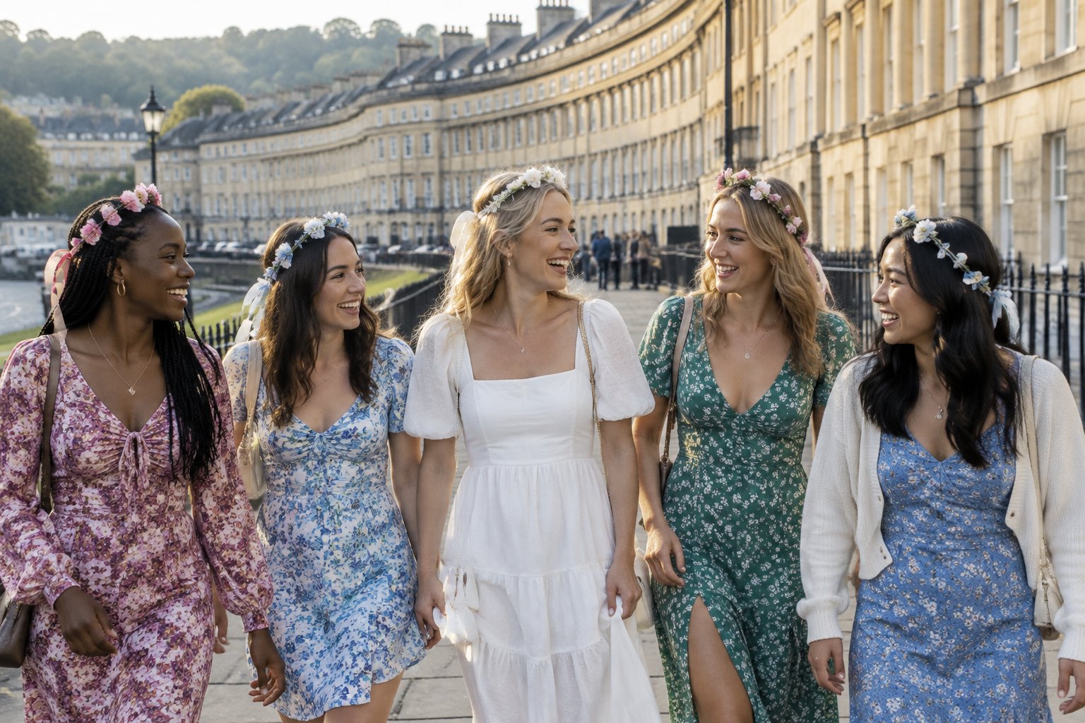 A bride-to-be and her friends stroll along a historic street in Bath.