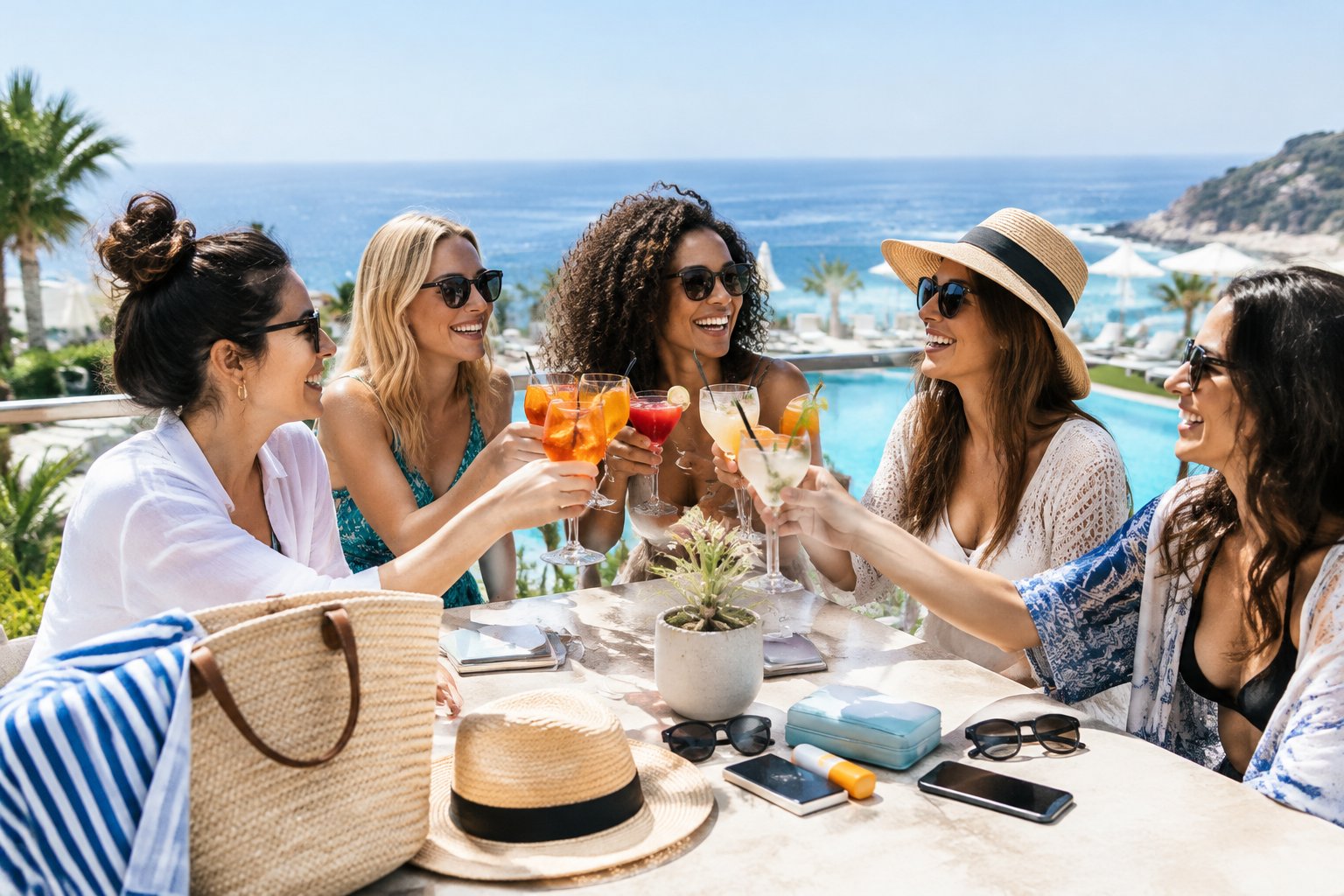 Friends celebrating together on a sunny seaside holiday.