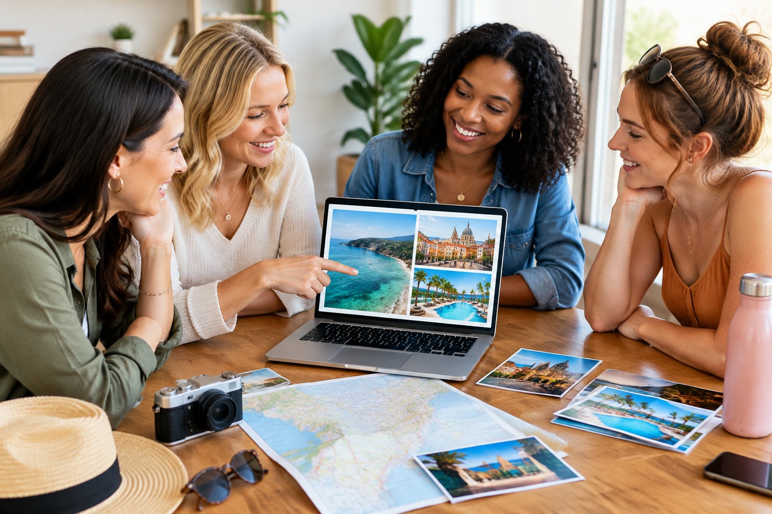 Four friends compare holiday destinations around a table with a laptop, map, and travel brochures.