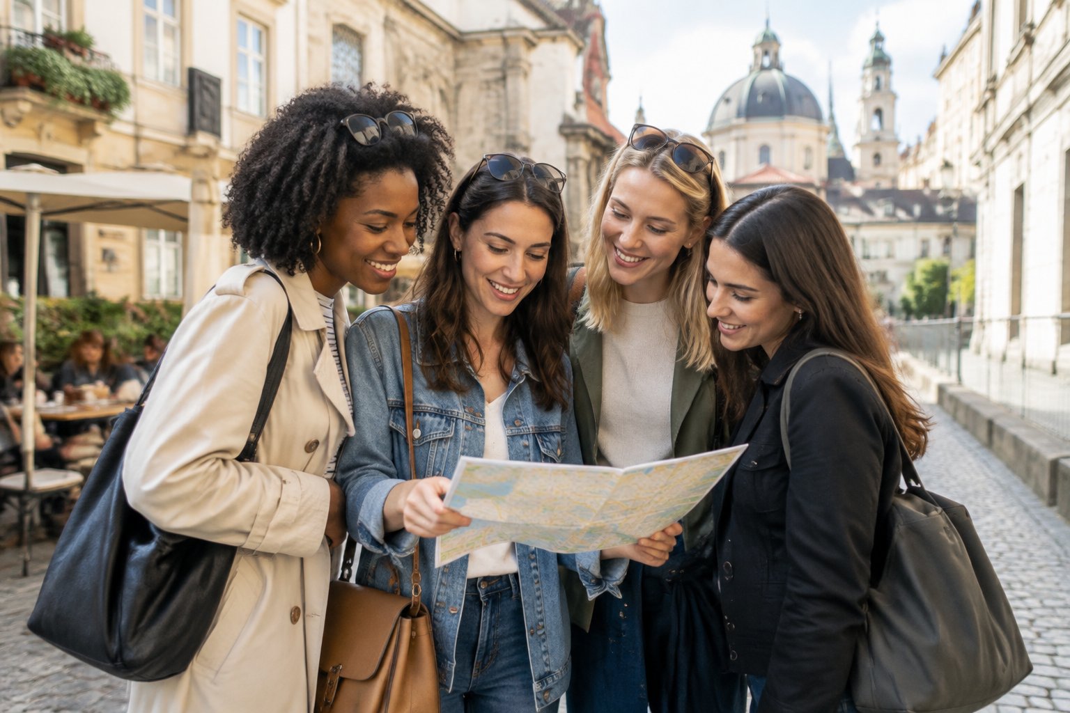 Four friends enjoy a city break together on a European street.