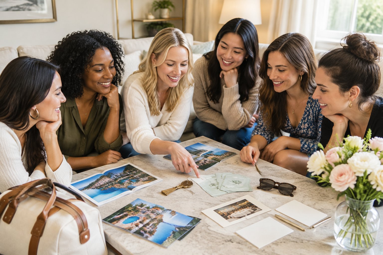 A group of friends compares getaway options around a table.