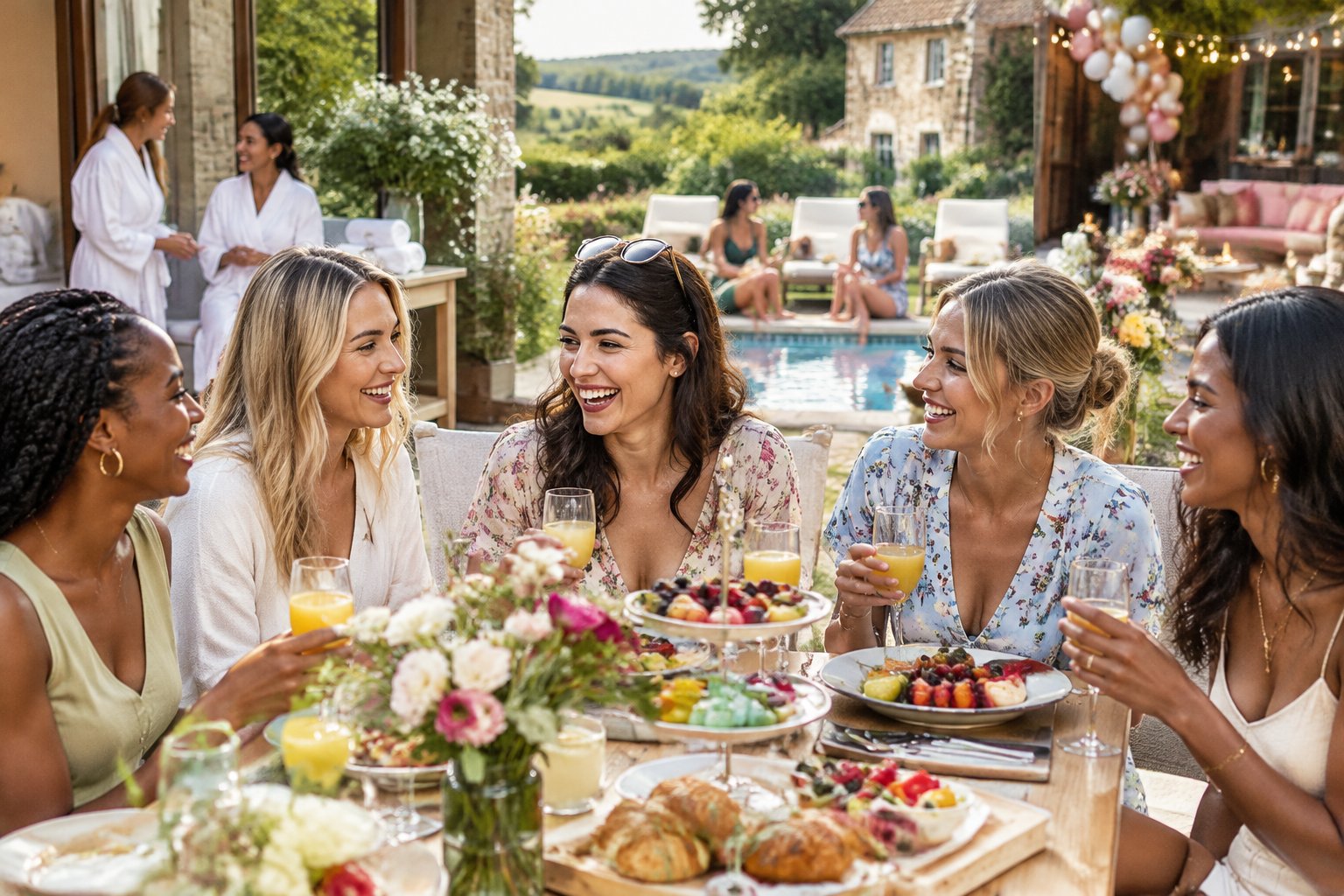 A group of friends enjoying brunch during a weekend getaway.
