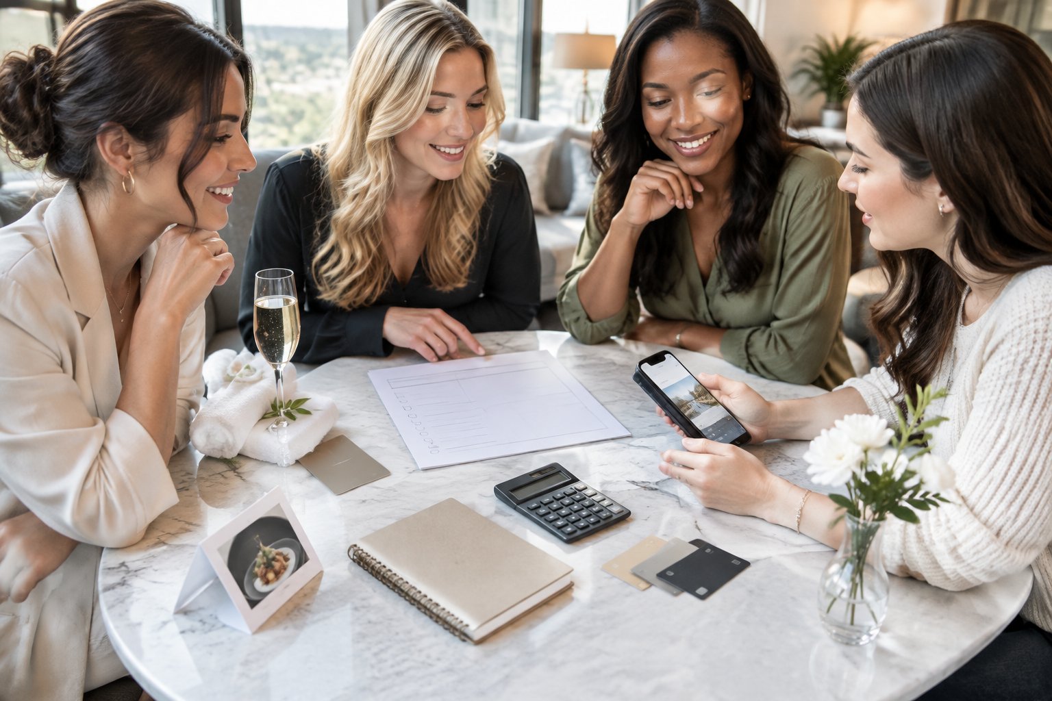 Friends compare plans for a weekend celebration at a table with travel and booking items.