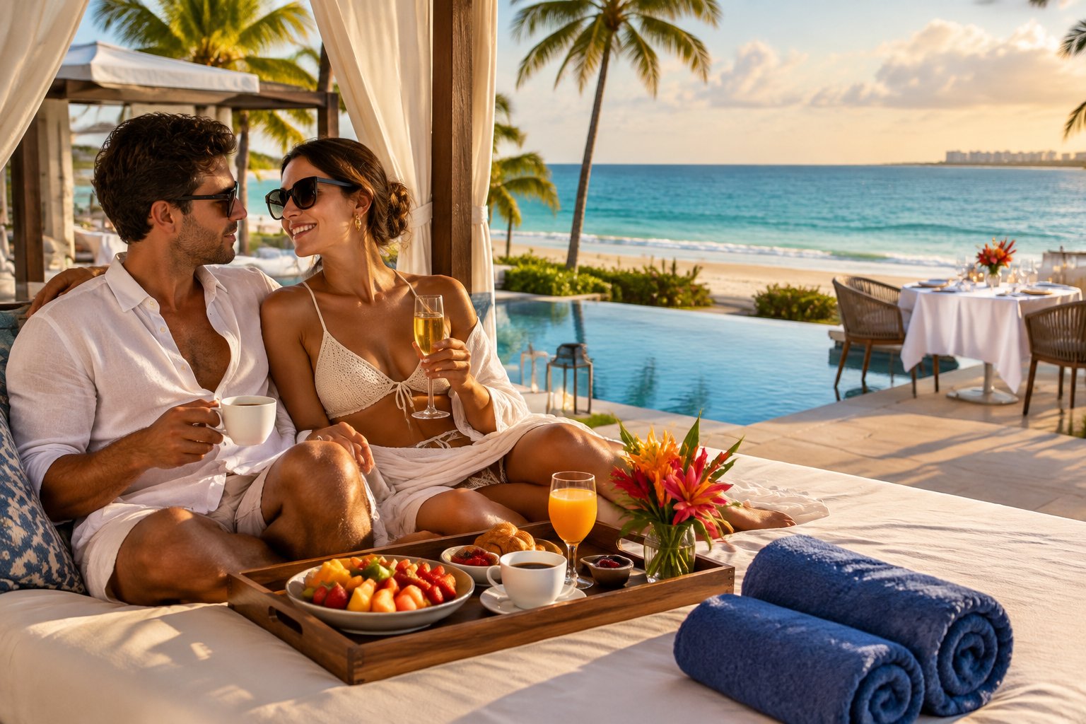A newlywed couple relaxes at a beachfront resort overlooking the turquoise sea.