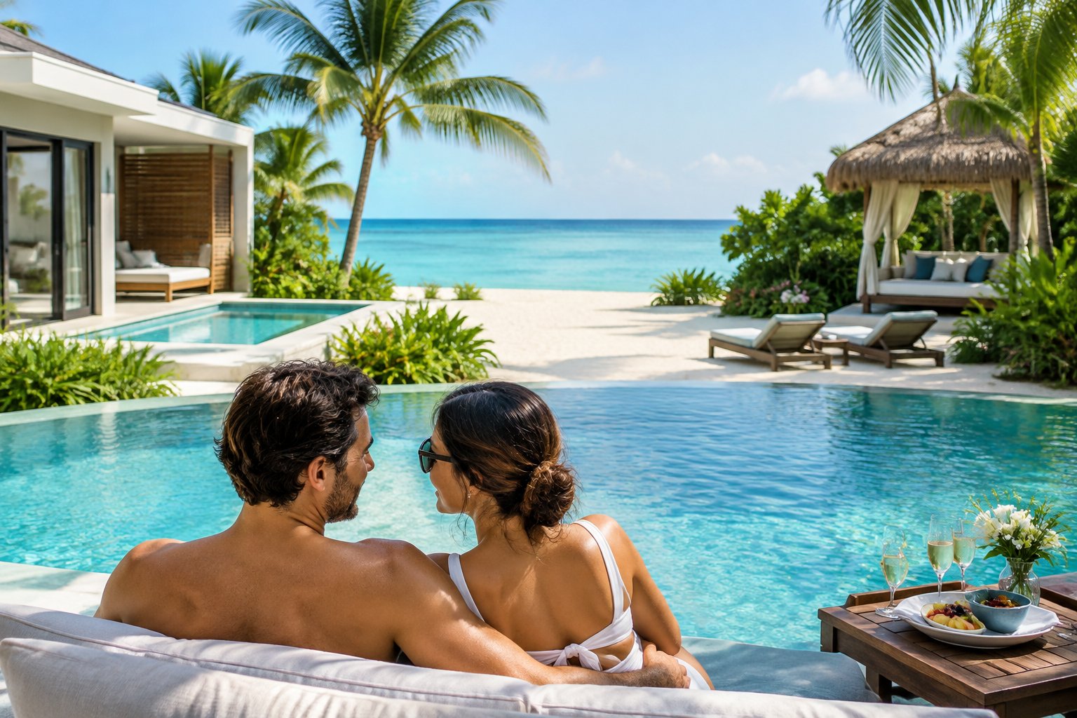 A couple relaxes beside a pool overlooking the Caribbean Sea.