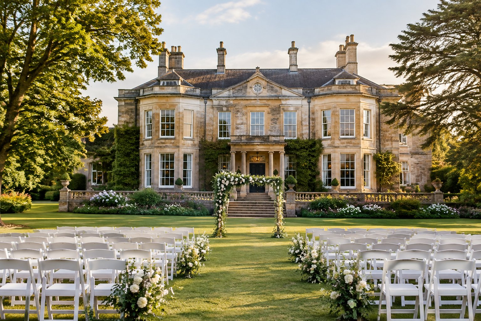 A grand country house wedding venue with a garden ceremony setup.