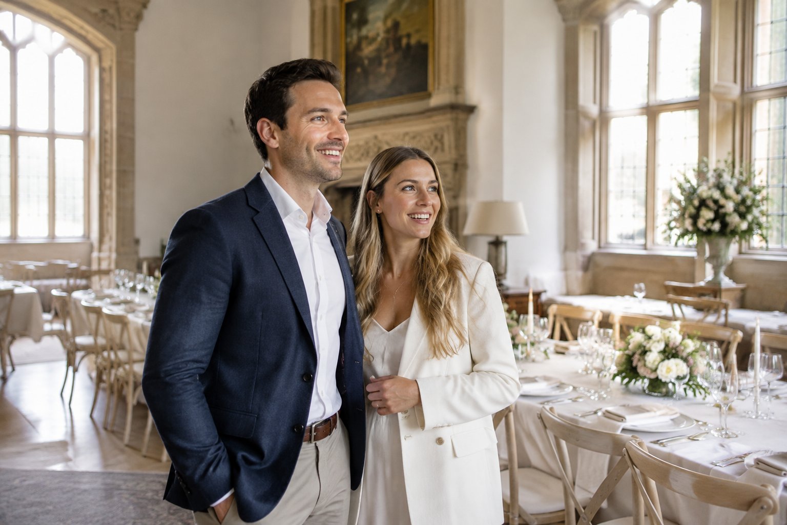 A couple explores an elegant wedding venue with a decorated reception table.