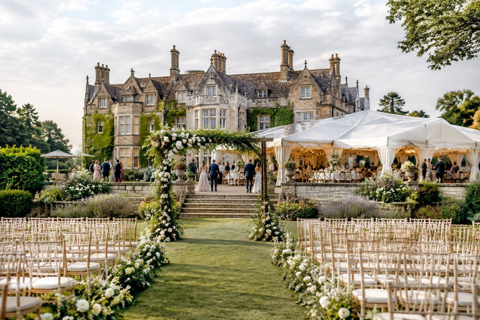 A wedding ceremony and reception set in the gardens of a grand country house.