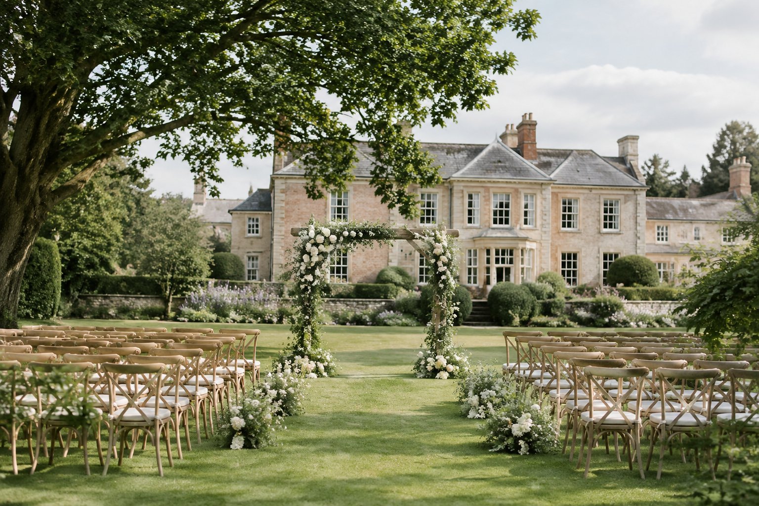 A wedding ceremony space in a garden before a country house.