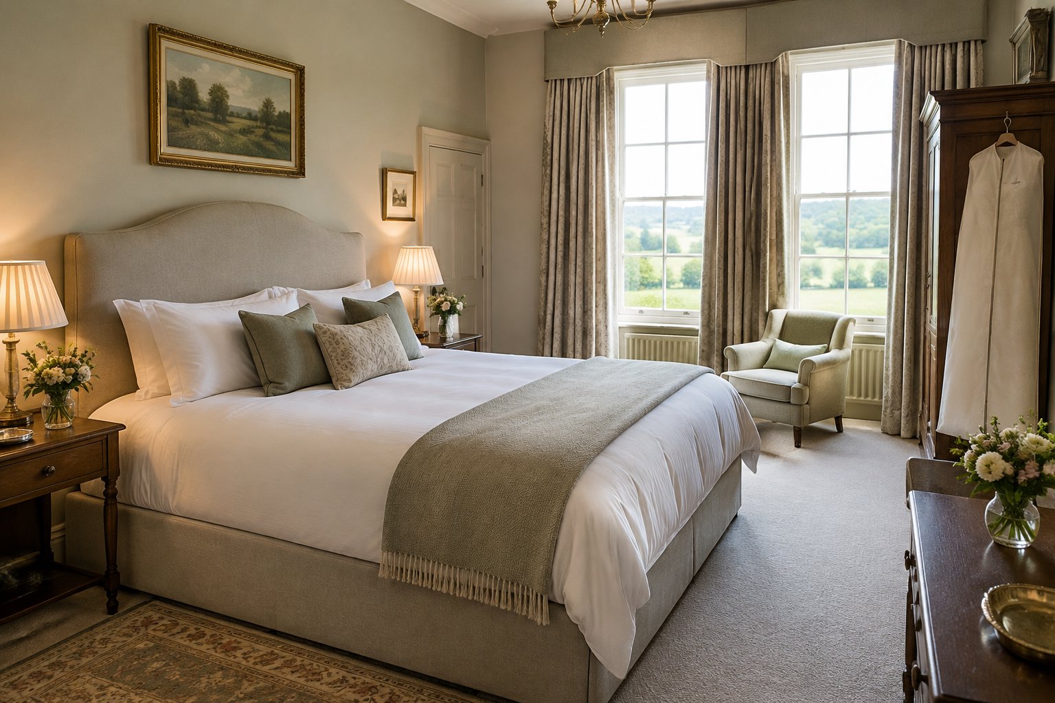 A comfortable guest bedroom with a neatly made bed and countryside views.