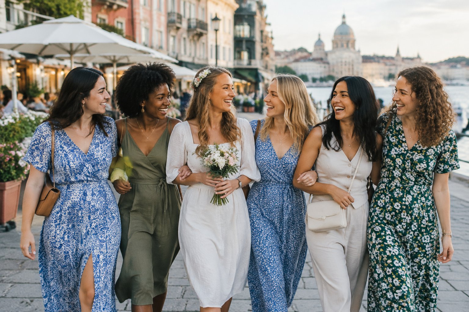 A group of friends strolls along a charming city street during a hen weekend.